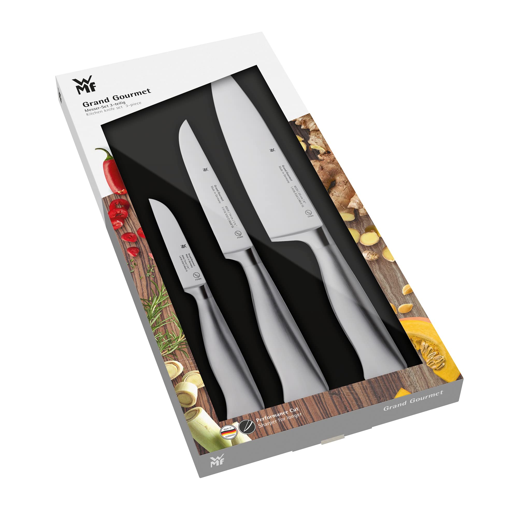 WMF Grand Gourmet, Set Coltelli 3 pezzi, Coltello chef 20 cm, Coltello utility 14 cm, Coltello spelucchino 9 cm, Lama speciale forgiata a mano a lunga durata, acciaio inossidabile Cromargan® 18/10