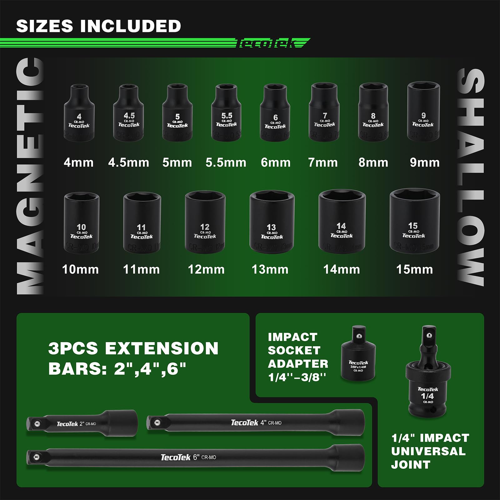 TecoTek 23-Piece 1/4" Drive SAE Impact Socket Set - 12 Point Shallow & Deep Sockets, 5/32" To 9/16"