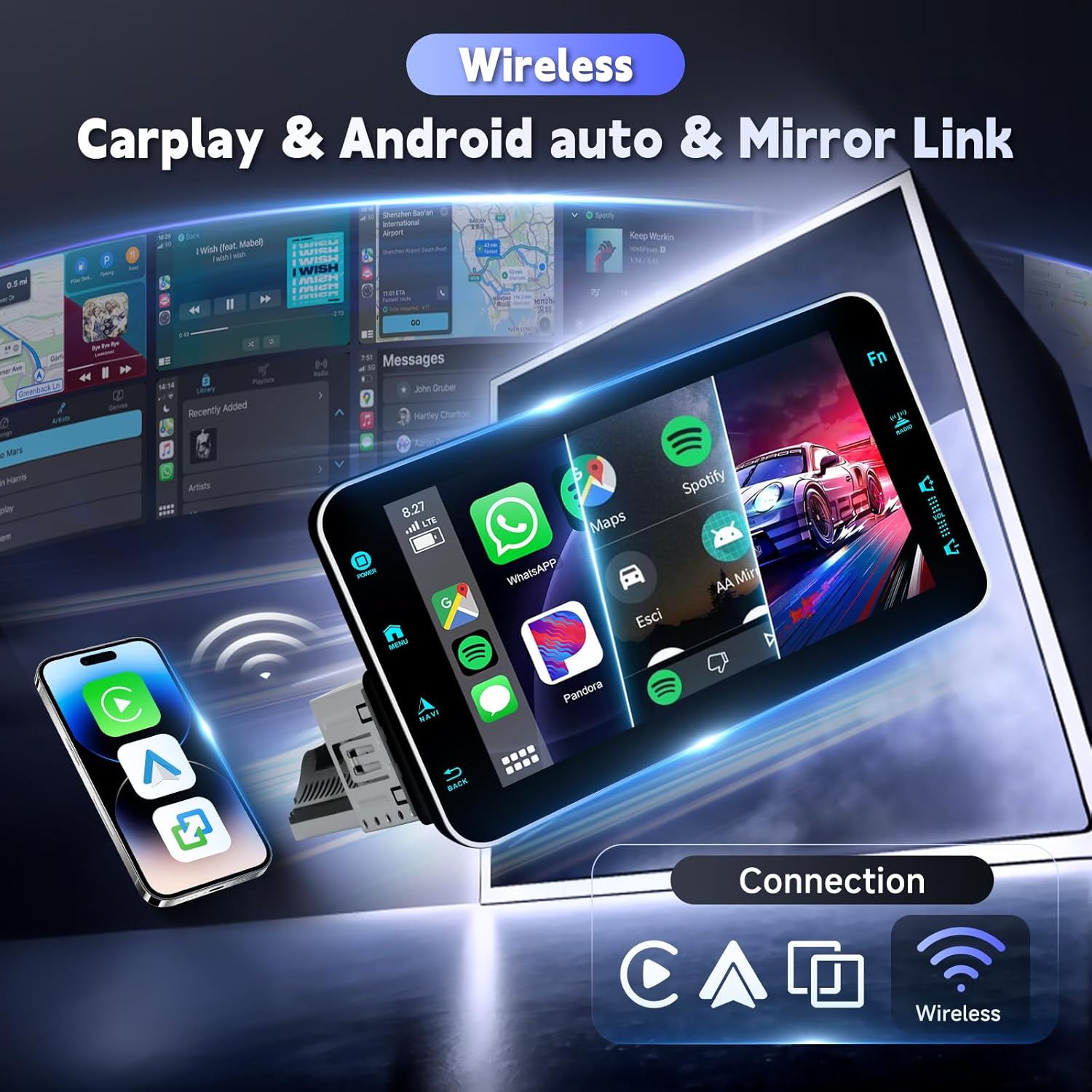 4G+64G Andriod Single Din 9-Inch Touchscreen Car Stereo with Wireless Carplay Android Auto, Car Radio Rotatable Screen 1 Din Bluetooth Mirror Link GPS WiFi, FM/RDS EQ with Backup Camera+Phone Holder