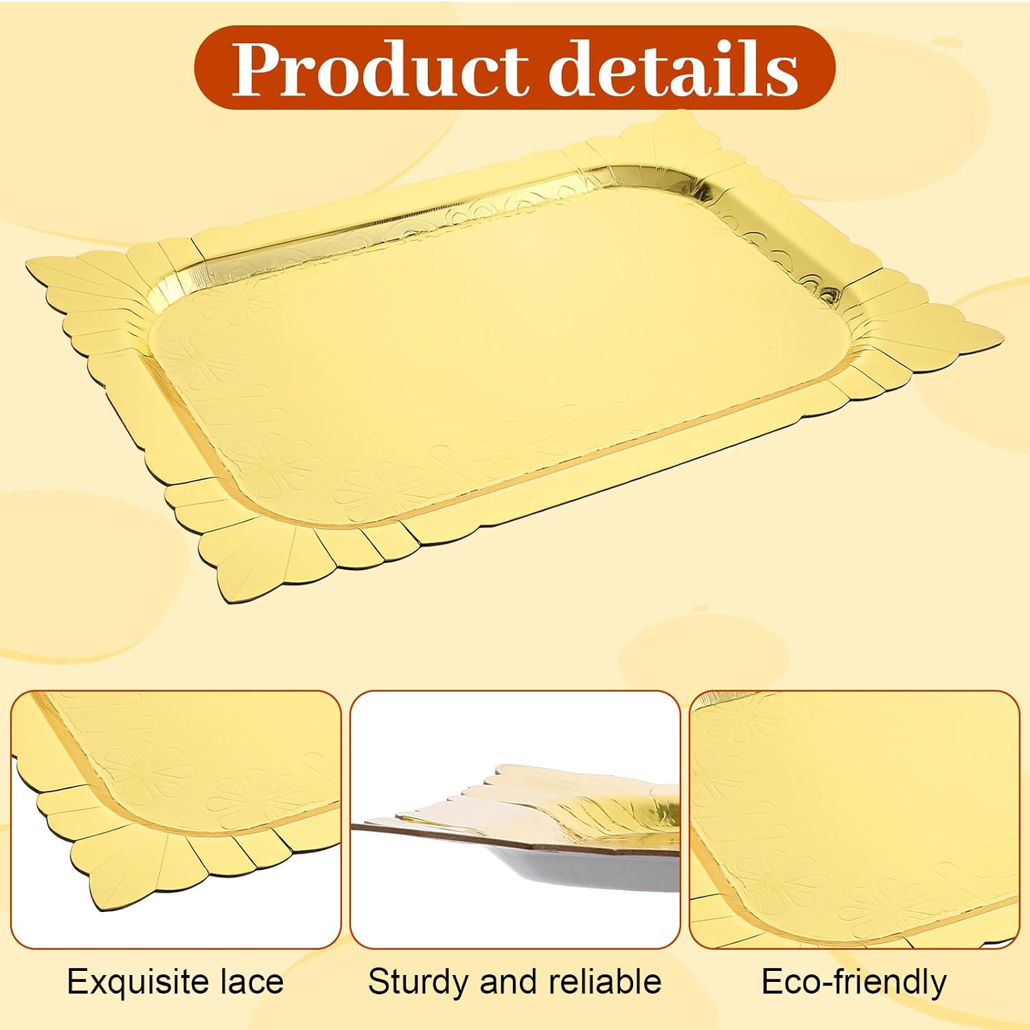 12 Pcs Gold Serving Tray, Heavy Duty Disposable Gold Rectangle Serving Tray for Food Tea Fruit, Cardboard Servings Platter for Cupcake Display Dessert Table Decorations Birthday Party Supplies