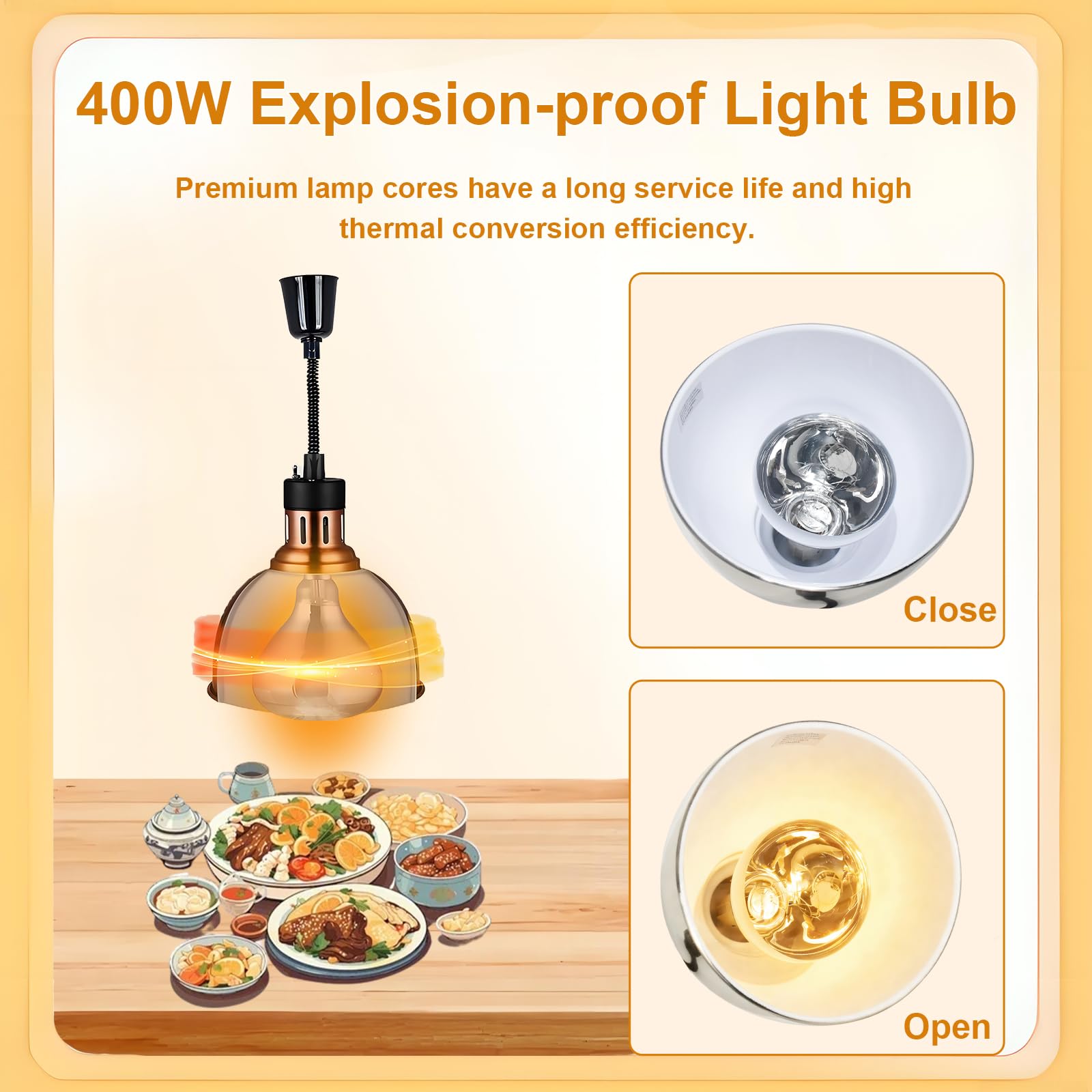 Lampe Chauffante Cuisine Professionnelle, Lampe Chauffe Plat Cuisine en Hauteur Réglable, Suspendu Lampe Chauffante Alimentaire pour Restaurant, Cuisine et Buffet(C-25cm,2 Pièces)