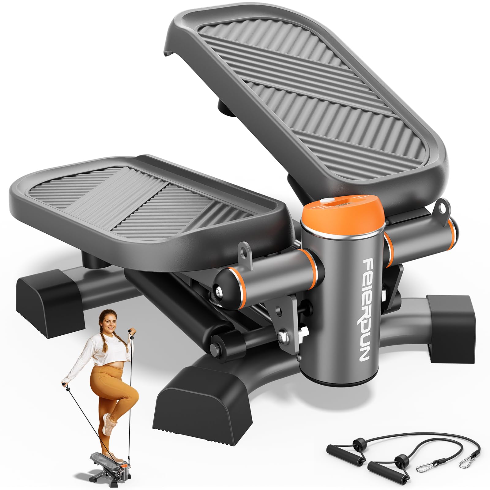 FEIERDUN 2-in-1 Twist or Vertical Stepper 400lbs Weight Capacity, Stair Stepper for Exercises at Home, Mini Stepper with Resistance Bands, LCD Monitor