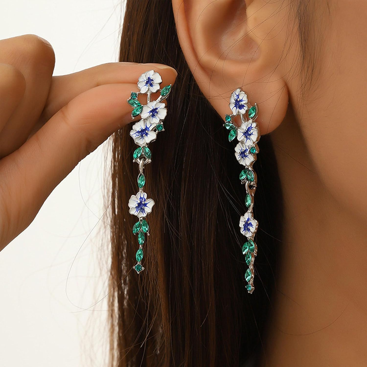 Blue Flower Long Dangle Drop Stud Earrings for Women Zircon Green Leaf Flower Dangling Earrings Birthday Jewelry - Image 4