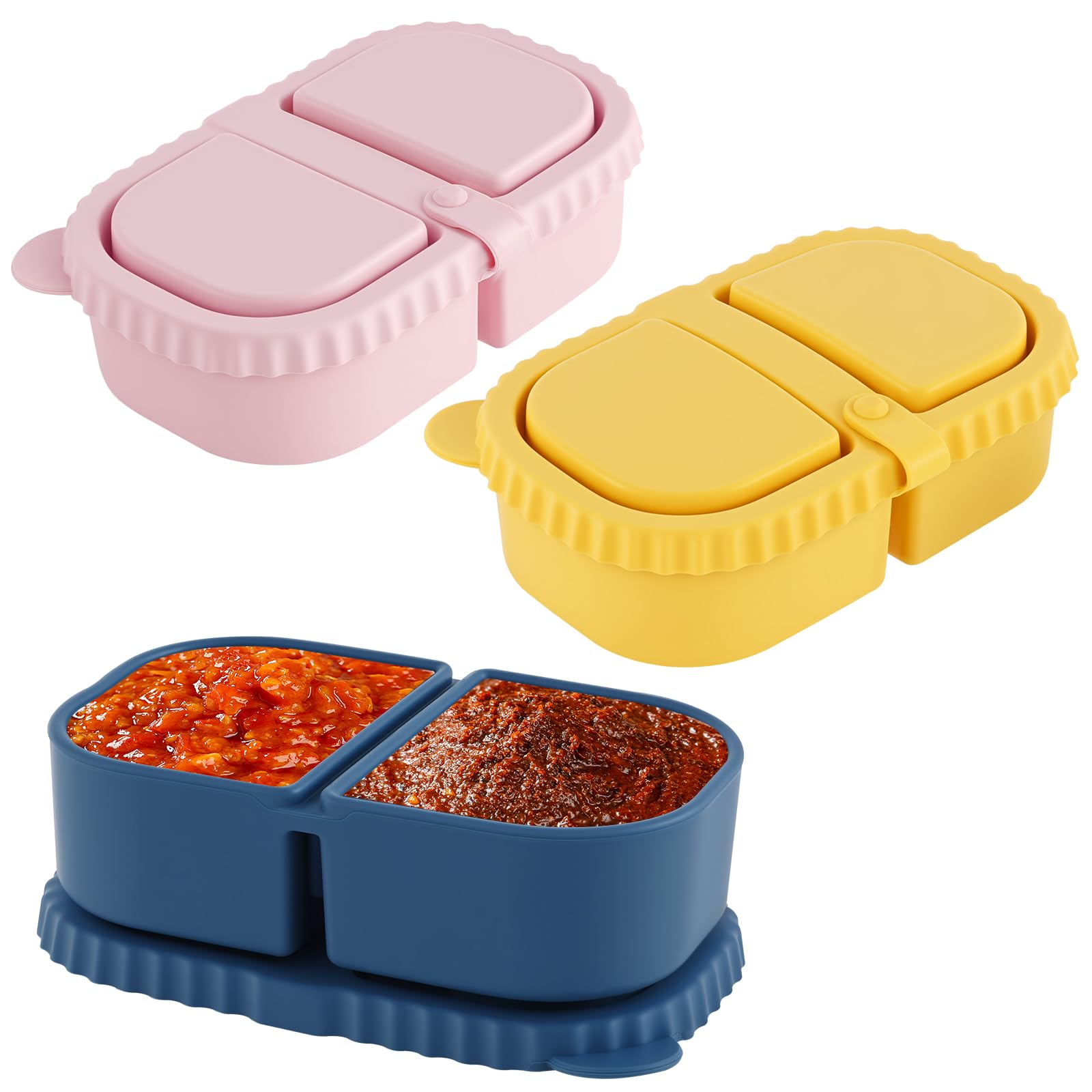 Jokapy 3Pcs Silicone Snack Container with Lids Reusable 2 Compartment Snack Box Case with Lids Small Snacks Pots Stackable Sauce Food Storage Container for Picnic Trip Office