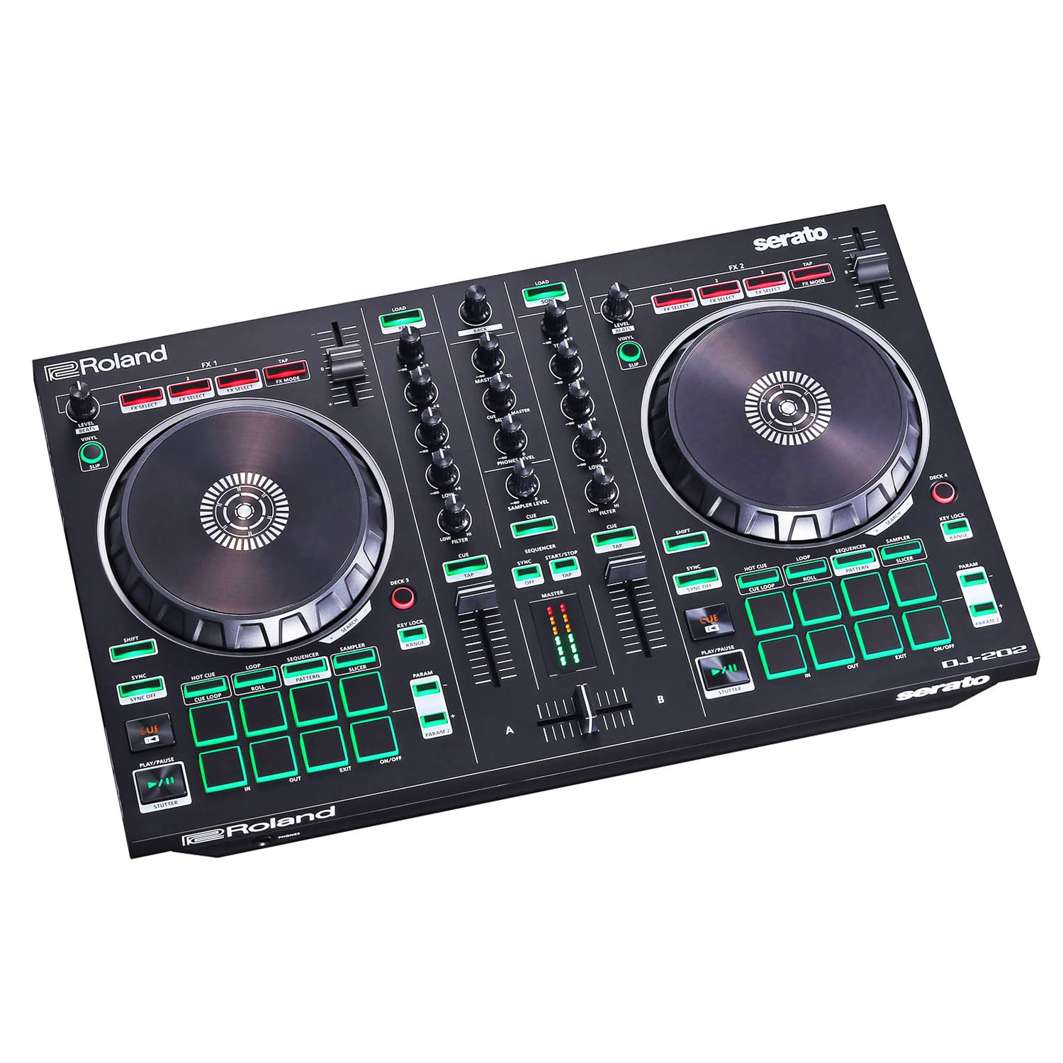 Roland DJ-202 2-Kanal 4-Deck USB-DJ-Controller mit keepdrum Laptopständer Silber