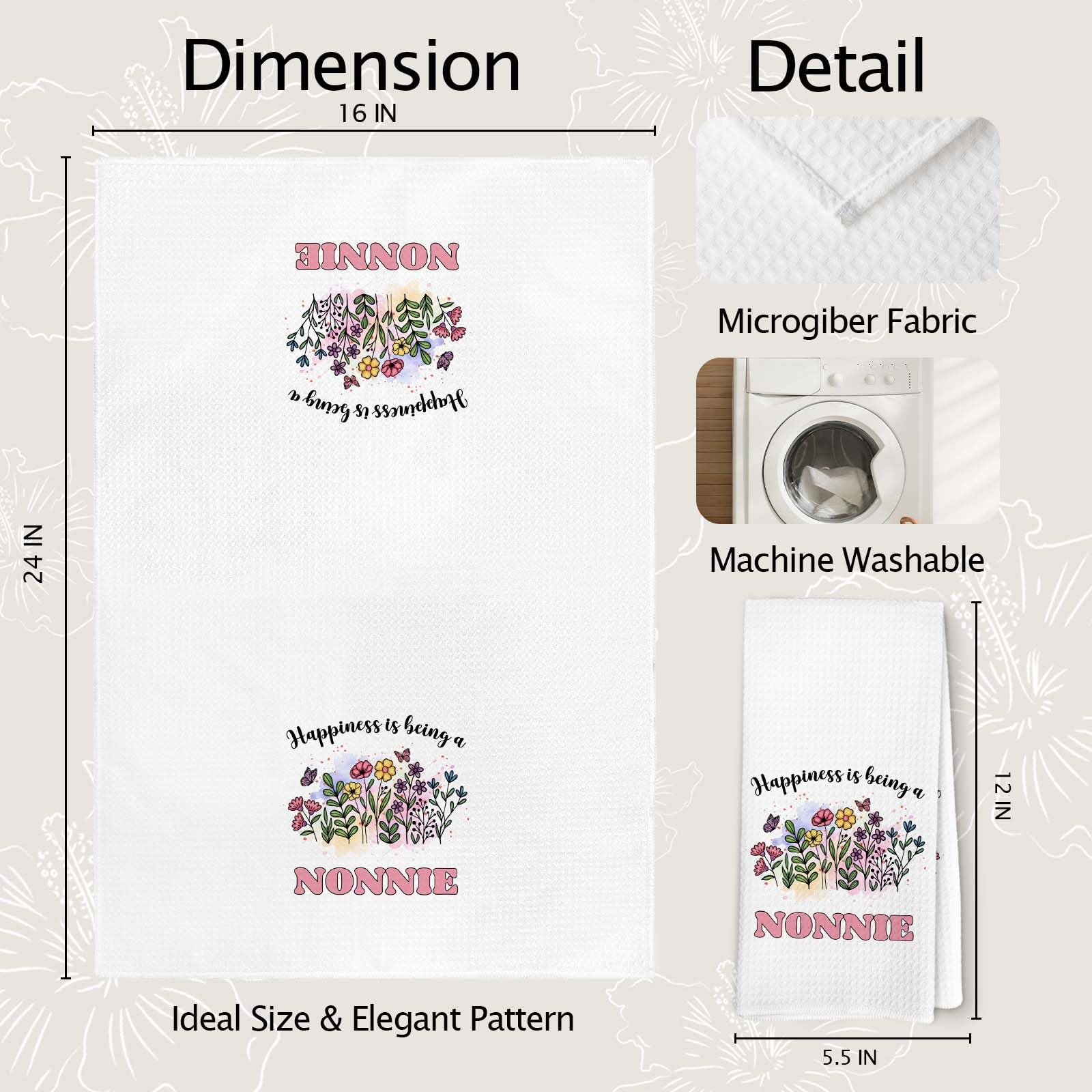 Happiness is Being a Nonnie Kitchen Towels, Grandma Hand Towels, Gifts for Nonnie Mother’s Day Dish Towel for Kitchen, Grandma Gifts Floral Hand Towel for Home Bathroom Decor 16x24 Inch