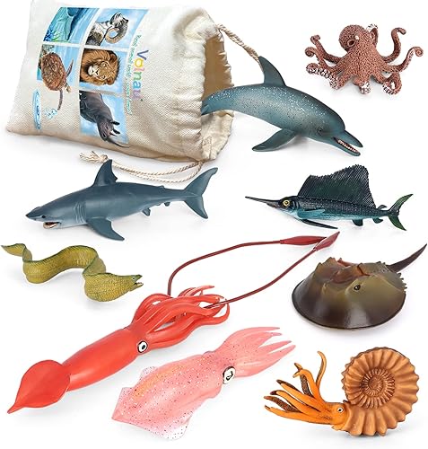 Volnau Juguetes de criatura marina, 9 piezas, figuras de animales del océano Pacífico, pez tiburón para niños pequeños, decoración de Navidad,