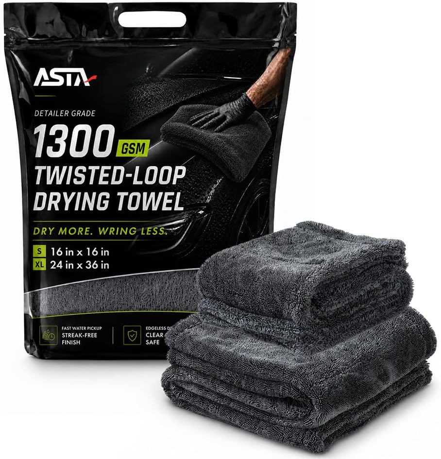 ASTA Car Drying Towel, Microfiber, 24x36+16x16 in, Charcoal Gray, 2-Pack