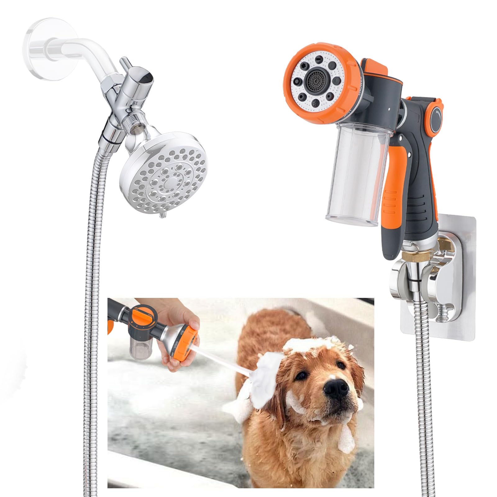 Dog 8.2ft Pup Shampoo Dispenser Jet Attachment to Shower Head Washing, 8-Setting High Pressure Pet Wash Cleaning Sprayer Bath for Bathtub Station, Adhesive Shower Holder, Indoor