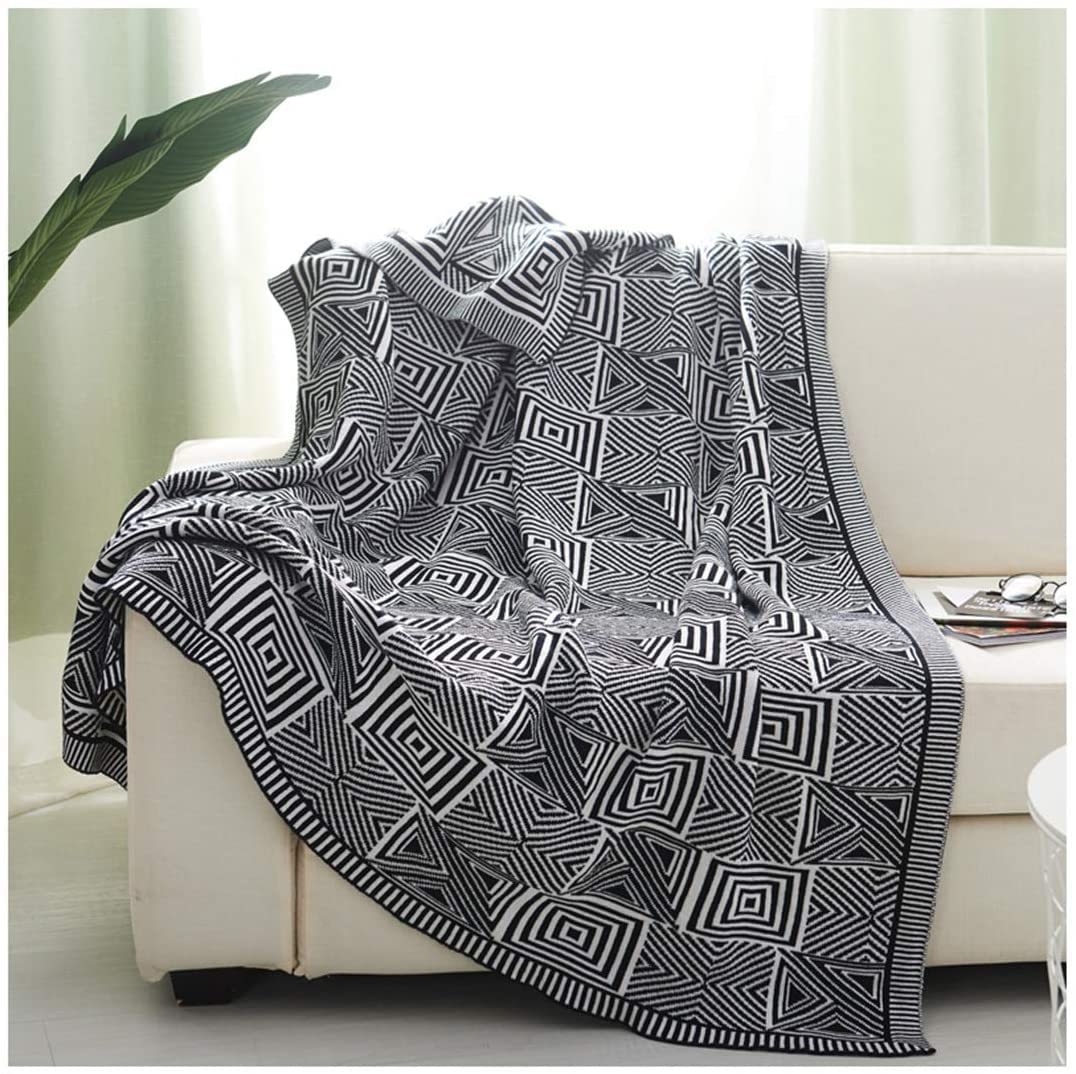 Manta de algodón Suave con Tira en Blanco y Negro para Silla, sofá, Picnic, Camping, Playa y Uso Diario, 51 "X67 '