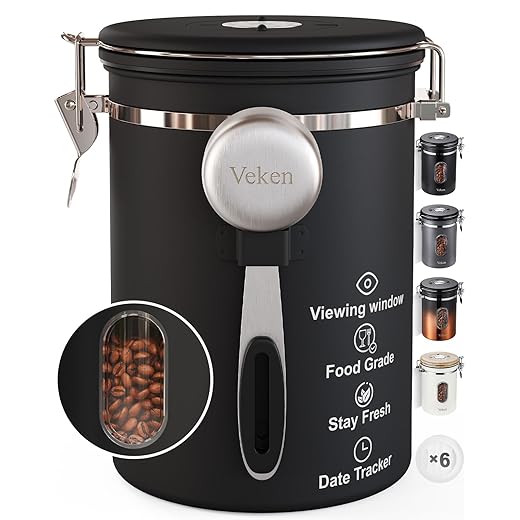 Veken Coffee Canister with Window,Airtight Stainless Steel Container,Home Kitchen Food Storage Organizers for Grounds,Beans,Espresso,Rice,Tea,Sugar,Cereal, Flour,Scoop,Bar Accessories,Gifts,22OZ,Black