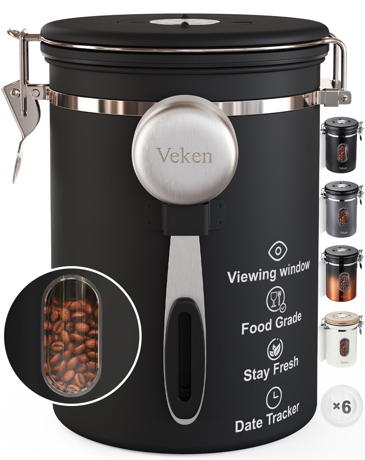 Veken Coffee Canister with Window,Airtight Stainless Steel Container,Home Kitchen Food Storage Organizers for Grounds,Beans,Espresso,Rice,Tea,Sugar,Cereal, Flour,Scoop,Bar Accessories,Gifts,22OZ,Black