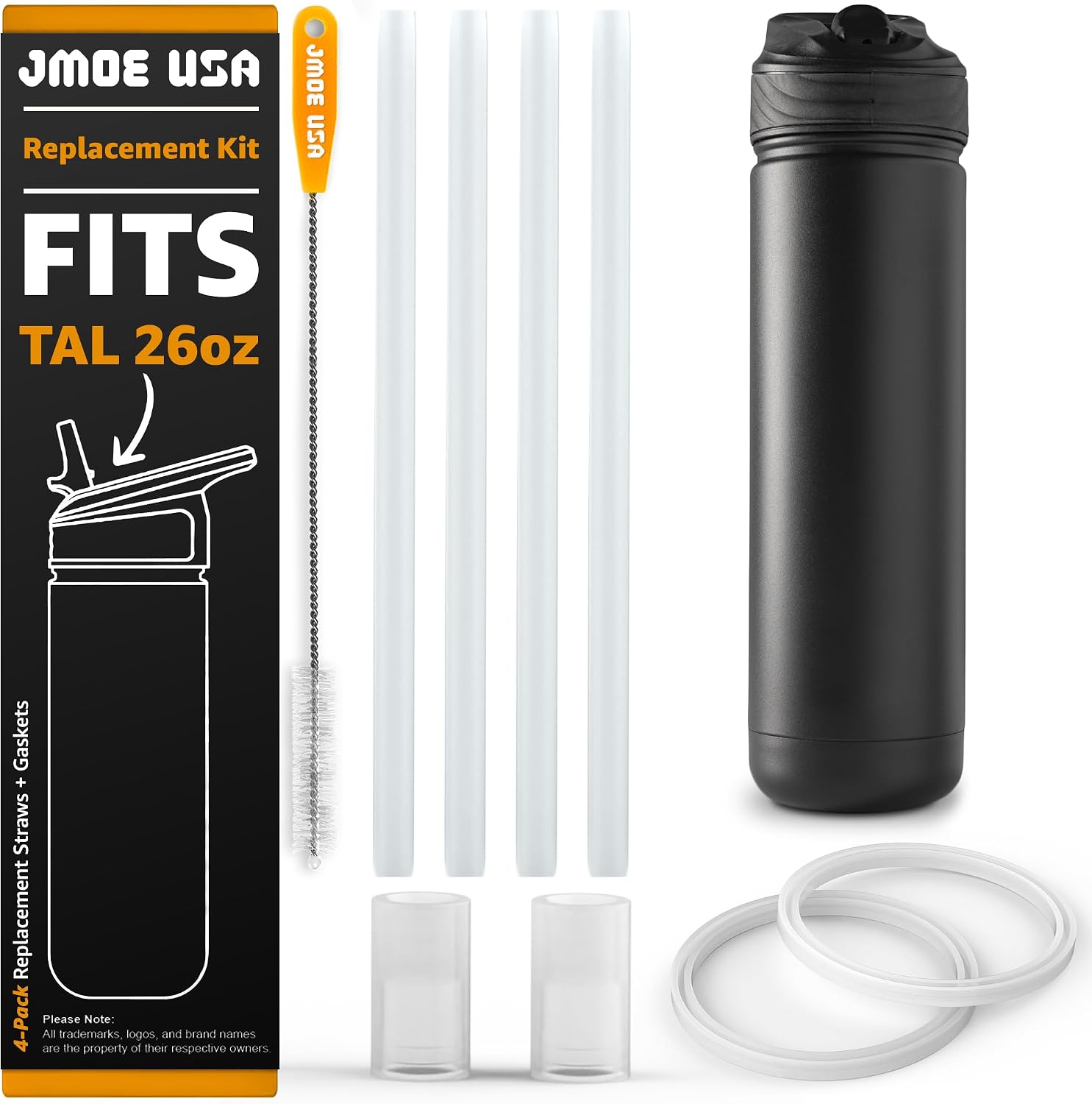 Jmoe USA 26oz Replacement Straw For Tal Ranger Water Bottle | Replacement Plastic Straws | 4-Pack Includes Cleaning Brush, Straws, and Silicone Seals For Lid | Food Grade & BPA Free