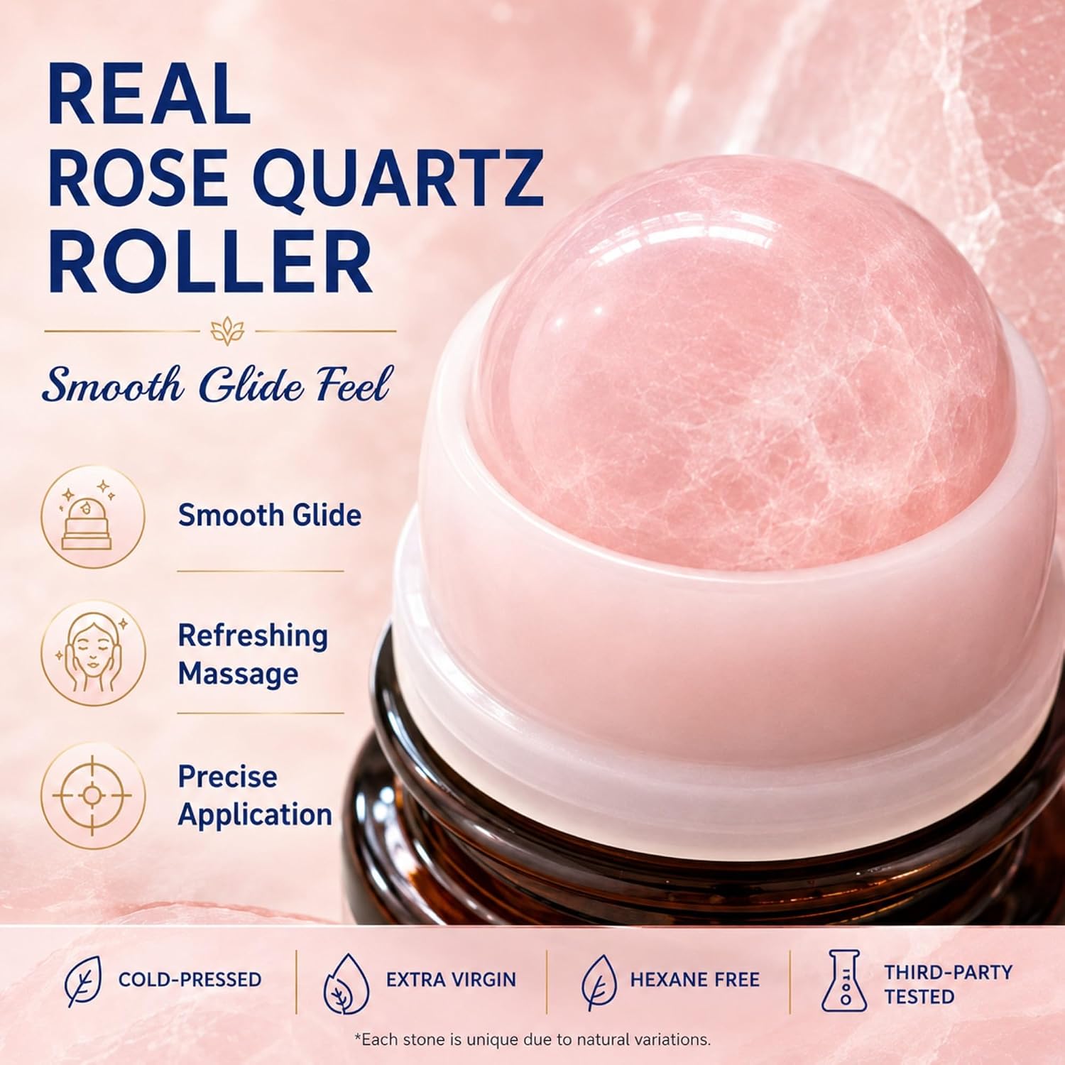 Organic Castor Oil Roll On, 100% Pure Castor Oil with Real Rose Quartz Roller Ball, Cold Pressed Castor Oil for Hair, Eyelashes, Eyebrows, Skin & Nails, Mess-Free Face Roller Beauty Oil, 1.7 fl oz