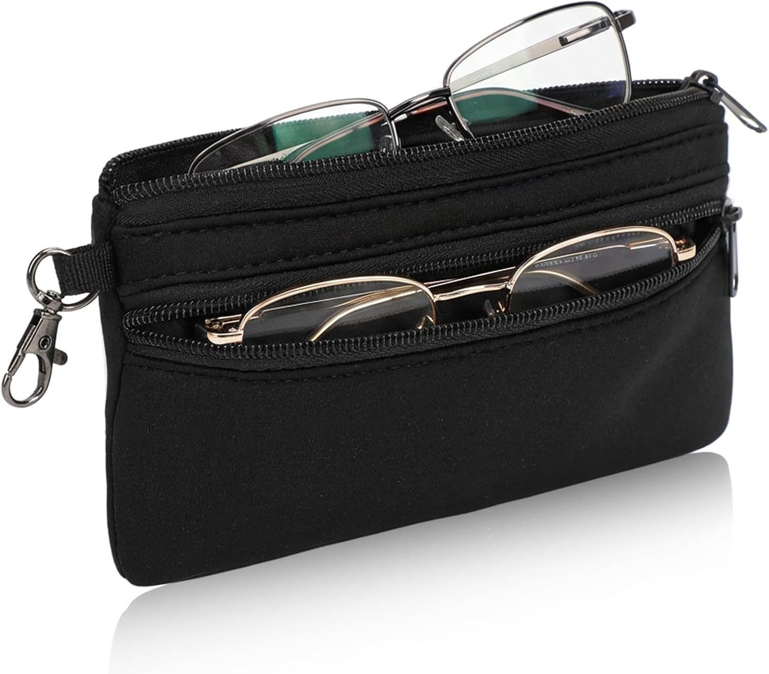 Double Glasses Case for Women Men, Soft Eyeglass Case Light Portable Neoprene Glasses Case Multiple Pairs with Zipper Closure Metal Hanging Hook