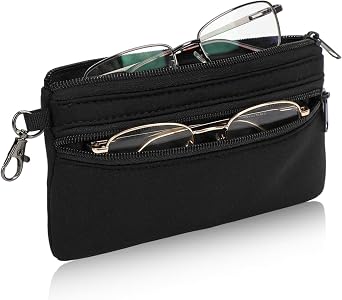 Double Glasses Case for Women Men, Soft Eyeglass Case Light Portable Neoprene Glasses Case Multiple Pairs with Zipper Closure Metal Hanging Hook