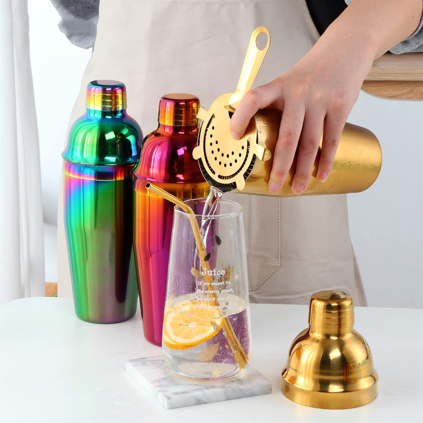 Juego de Coctelera Cóctel Shaker 750ml Kit de herramientas de acero inoxidable de acero inoxidable colorido Boston Cocktail Set Shaker Wine Verleders con colador Mida CUP BARTENDER Agitador de Cóctele