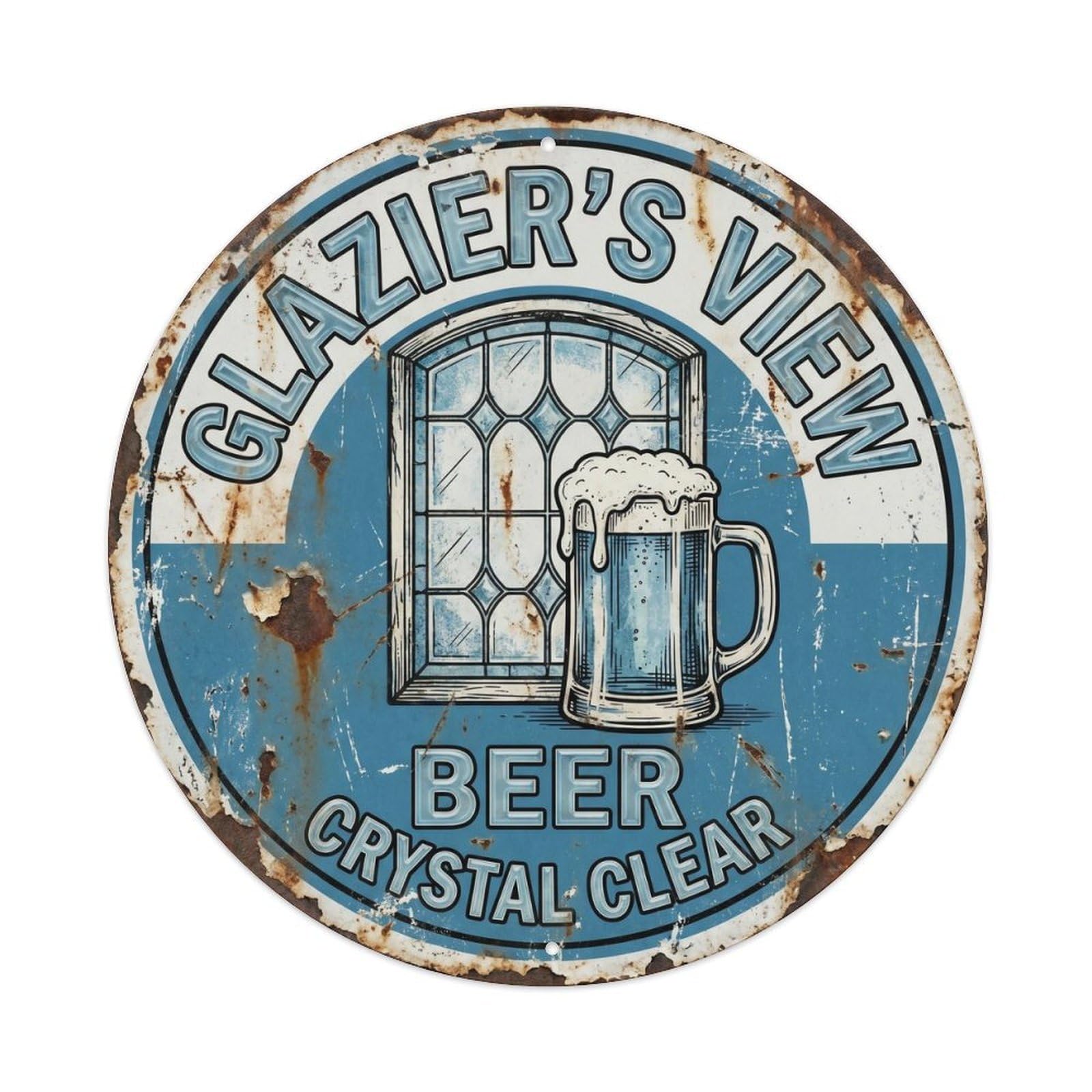 Retro Bar Glazier Window Basement Beer Metal Tin Sign Plaque Wall Decor for Cafe, Club Bar, Office, Home Garden Round Metal Poster 8x8Inch