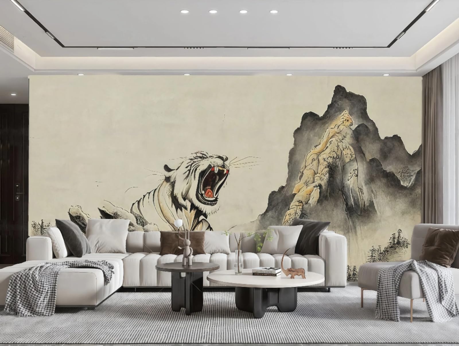 Papier peint moderne tigre rugissant art encre paysage montagne 3D pour fond TV 200x140