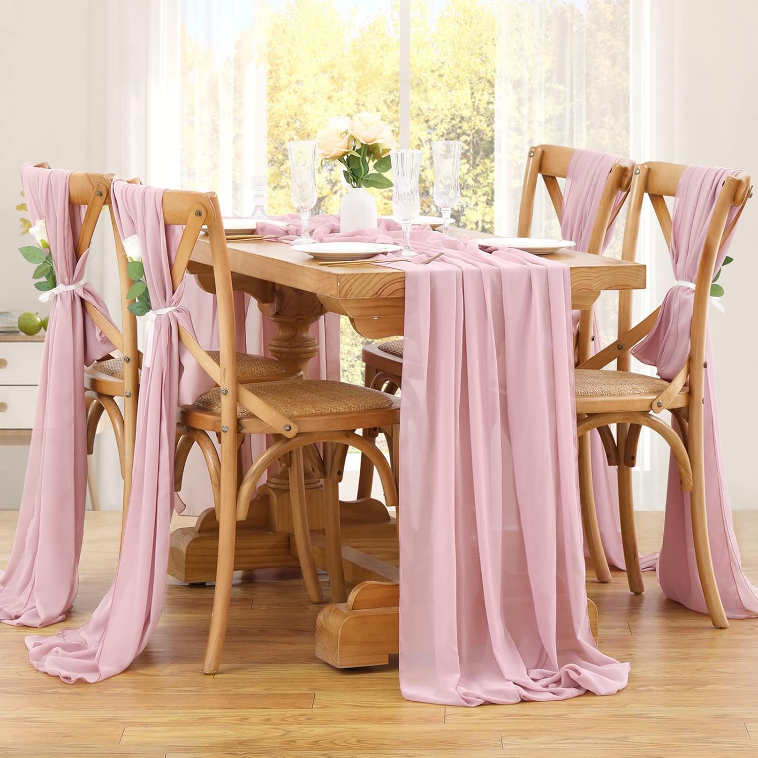 Chiffon Table Runner 5 Pieces 27x120 Inches Dusty Rose Long Sheer Table Lines Wedding Rustic Party Bridal Shower Table Decorations