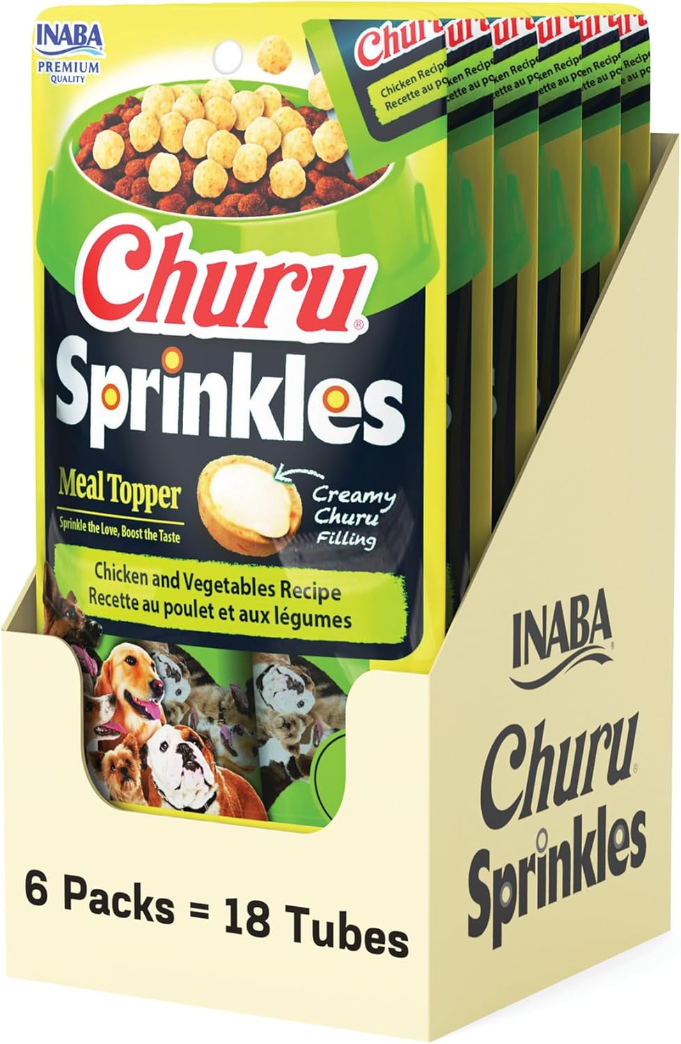 INABA Churu Sprinkles for Dog, Soft & Chewy Churu Filled Dog Meal Toppers with Vitamin E and Green Tea Extract, 1.05 oz. per Pack, 18 Packs Total, Chicken and Vegetable Recipe