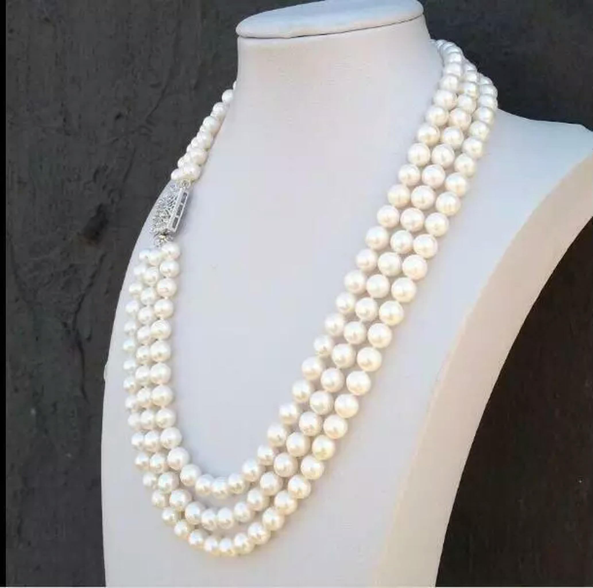 Collar de Tres Vueltas con Perlas Blancas genuinas de los Mares del Sur (AAA), 7-8 mm, 45,7 cm, 48,2 cm y 50,8 cm, Plata 925