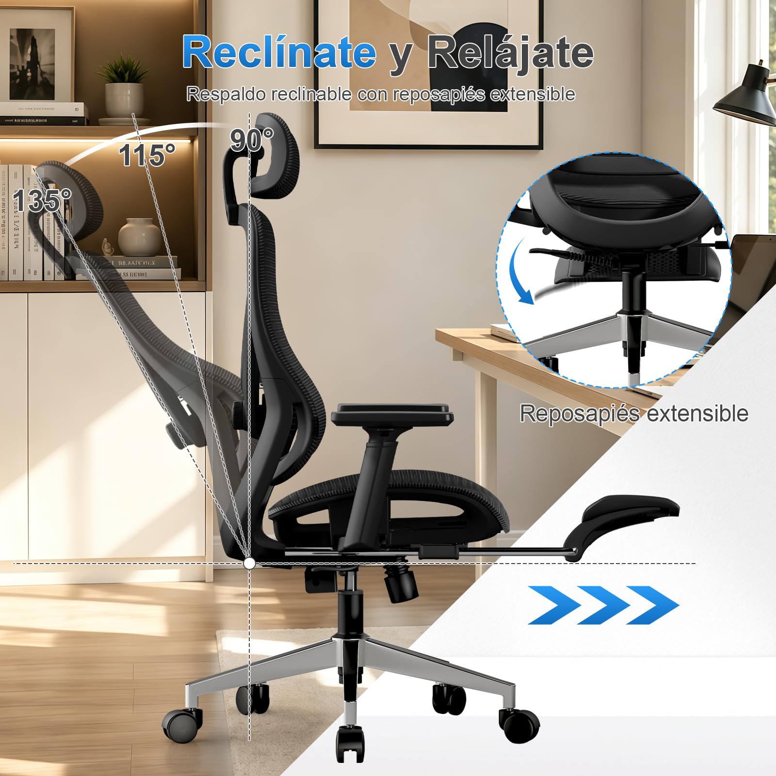 Silla Ergonómica de Oficina con Soporte Lumbar Ajustable y Reposapiés, Silla de Reclinable con Regulable Reposabrazos y Reposacabezas para Oficina en Casa, Estudio y Gaming, Negra