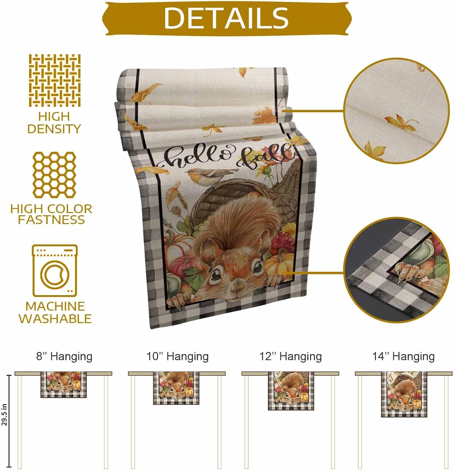 Fall Table Runner Squirrel Pumpkin Bird Thanksgiving Table Decoration for Kitchen Grapes Leaf Black Buffalo Plaid Seasonal Table Runner Decoration for Dining Kitchen Party 13x108 Inch