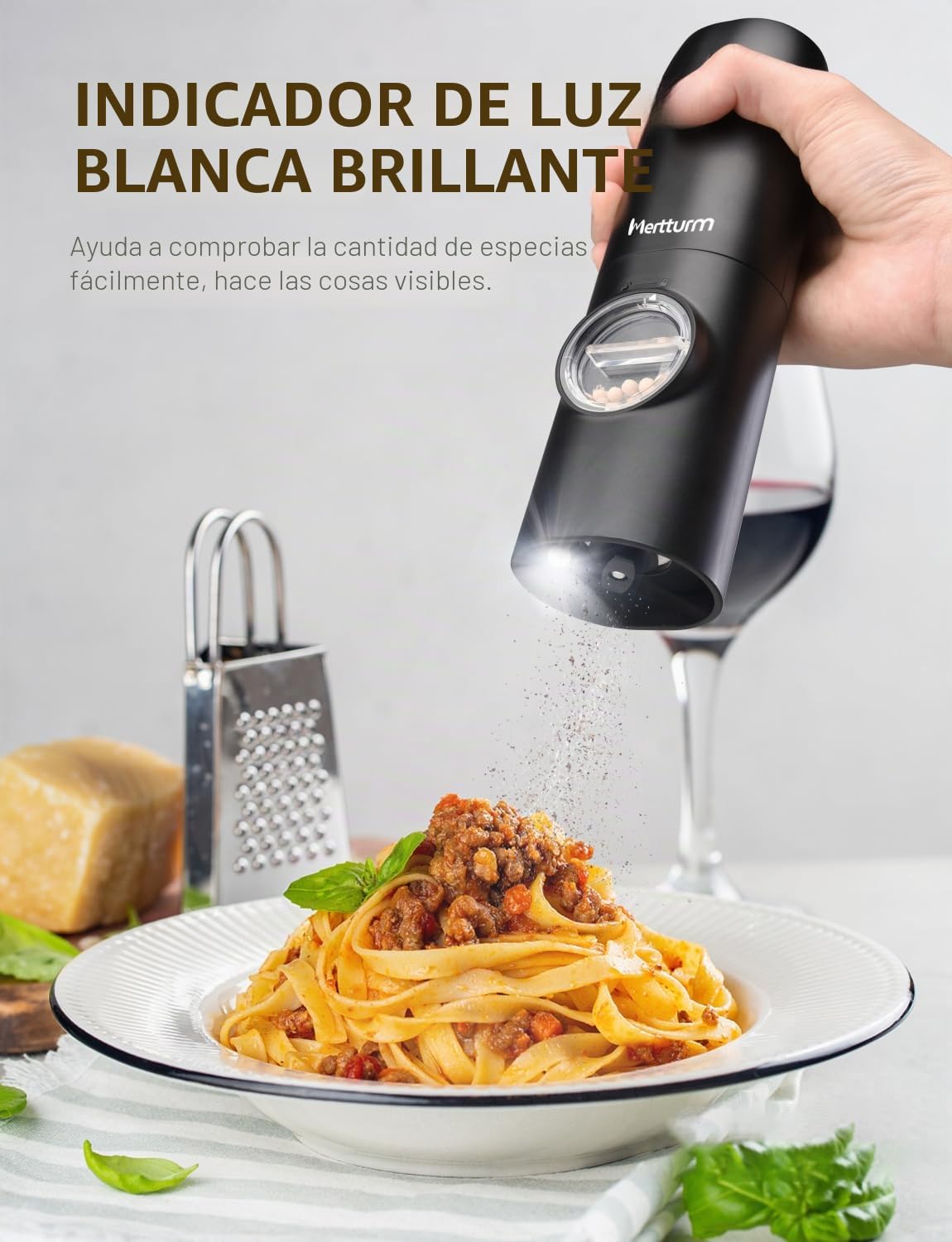 MERTTURM Molinillo Pimienta Eléctrico Recargable, Molinillo Especias con Luz Blanca LED, Grosor Ajustable, Rotor de Cerámica, Operación de Una Mano, Molinillo Sal y Pimienta para Cocina, BBQ