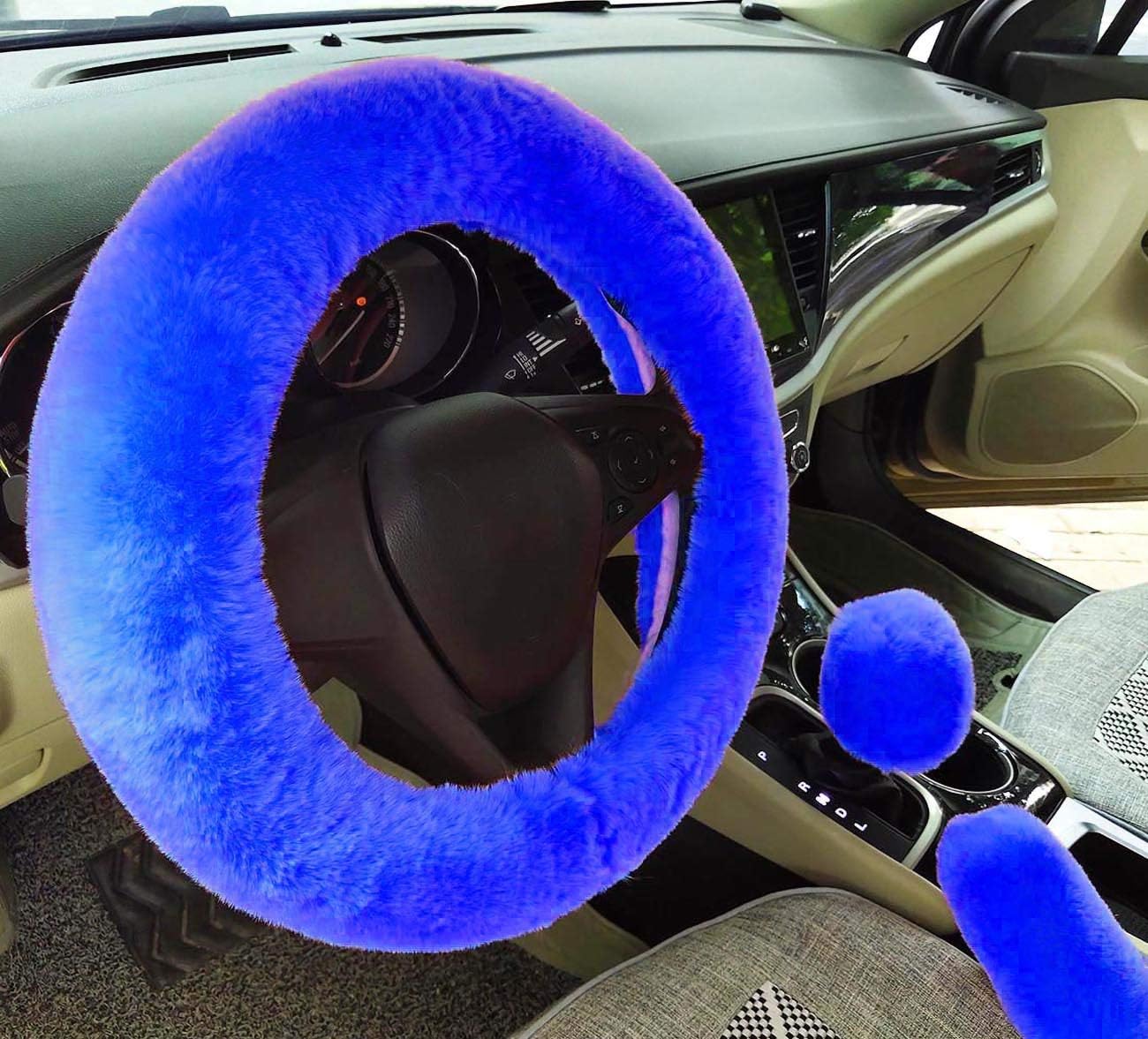 Winter Warm Fluffy Furry Fuzzy Car Steering Wheel Cover,Universal Fit Thickening Faux Rabbit Fur Plush Steering Covers+Gear Shift Cover and+Brake cover-3pcs Set (Black)