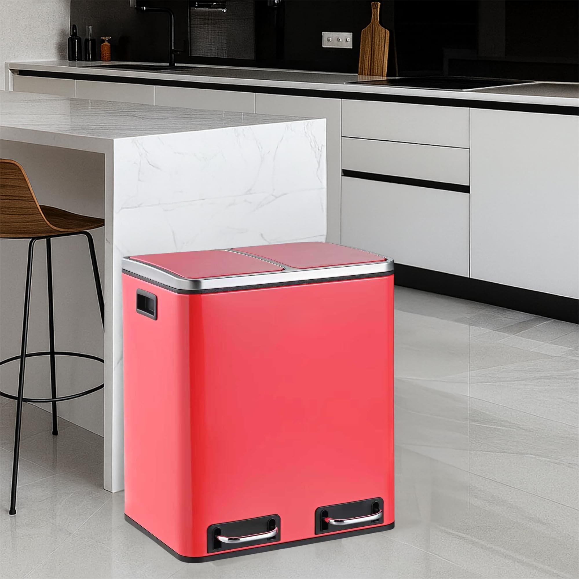 Floordirekt Mülleimer Küche 2×15L Rot | 2-Fach Mülltrennsystem, Treteimer Küche, Metall, Soft-Close, luftdicht, Kunststoff-Inneneimer, Klappdeckel – (Felix)