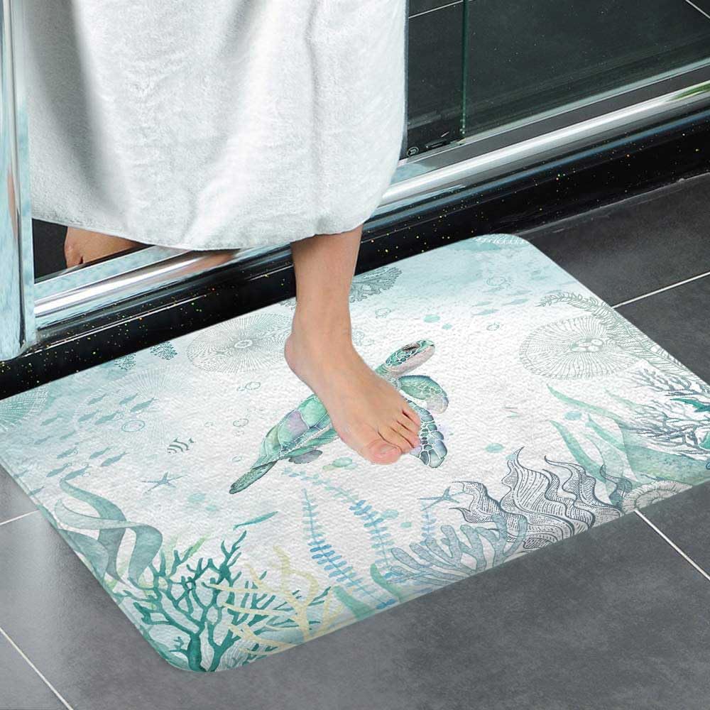 Sea Turtle Bath Rugs for Bathroom, Blue Teal Ocean Beach Nautical Coastal Fish Beachy Summer Animal Seashell Kids Non Slip Flannel Bathroom Rug, Dry Fast Water Absorbent Bath Mats, 17x29 Inch - Image 4
