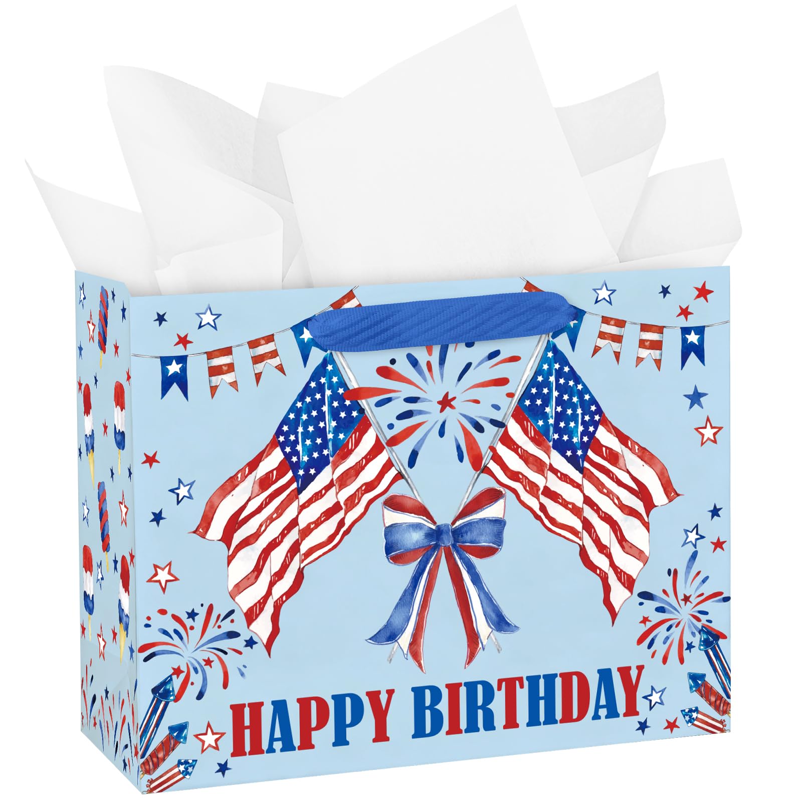 WRAPAHOLIC 13" Large Bow Flag 4th of July Gift Bag with Tissue Paper - American Flags Happy Birthday Gift Bags for Independence Day, Memorial Day, Birthday