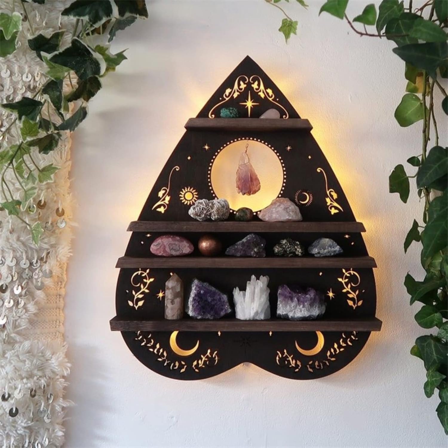 Crystal Display Shelf Wall Shelf Moon Shelves Moth Hamsa Hand Holder Floating Wall Mounted Decorative Crystal Shelf (Heart-38.5 * 31cm/15 * 12.2inch)