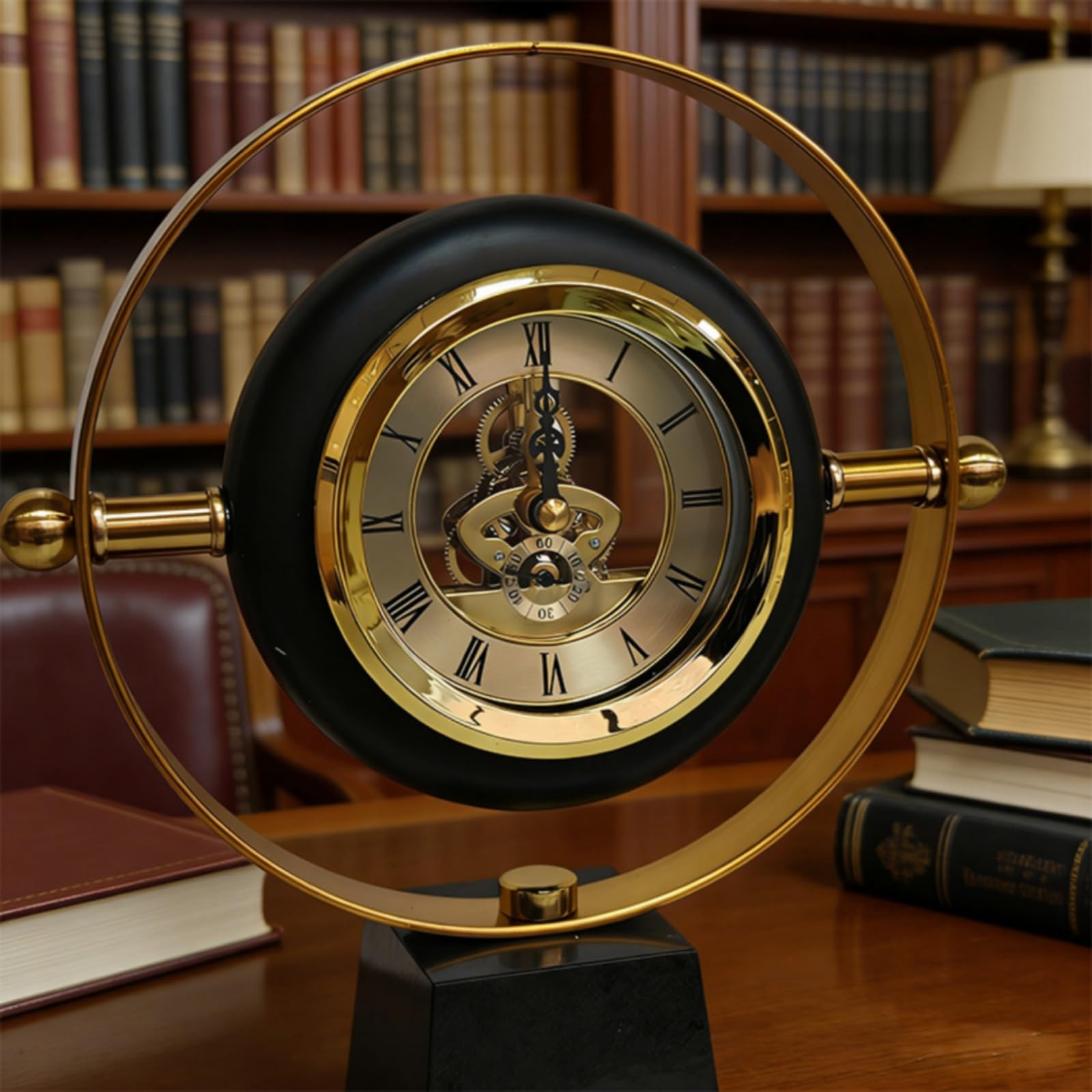 Dekouhr mit Goldrahmen modern Tischuhr mit Metallsockel elegant Analoge Standuhr für Ästheten, Sammler, Schreibtisch, Wohnzimmer, Kamin