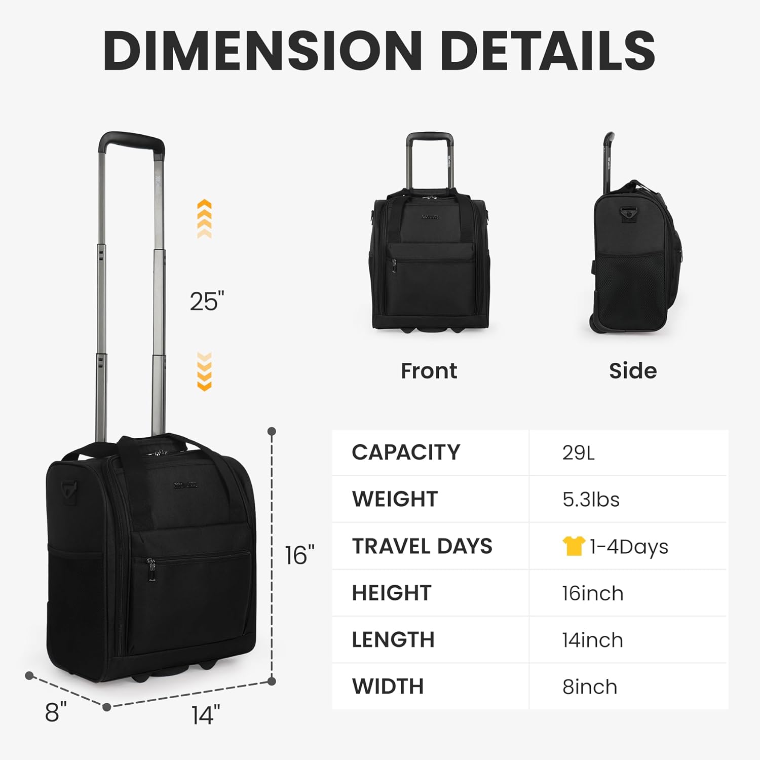 16'' Softside Carry-On Luggage for Airplane,3-in-1 Underseat Carry On Luggage with Wheels,Scratch-Resistant Surface,Lightweight Durable Rolling Suitcase for Men/Women Business Trip（16'',Black）