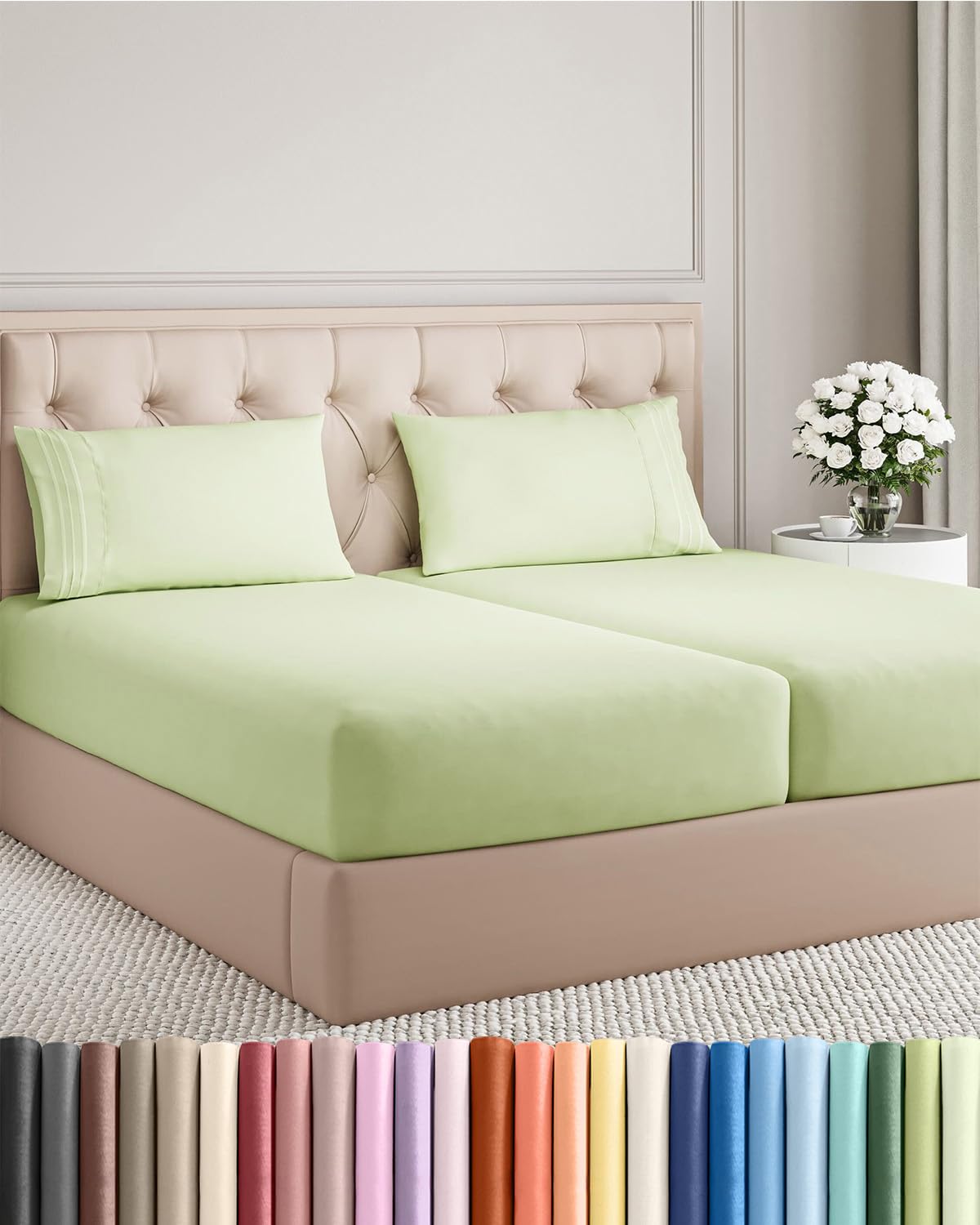 Split King Size 5 Piece Sheet Set - Comfy Breathable & Cooling Bed Sheets Set - Hotel Luxury Bedding for Women, Men, Kids, Teens, Boys & Girls - Deep Pockets and Wrinkle Free - Oeko-Tex - Light Sage