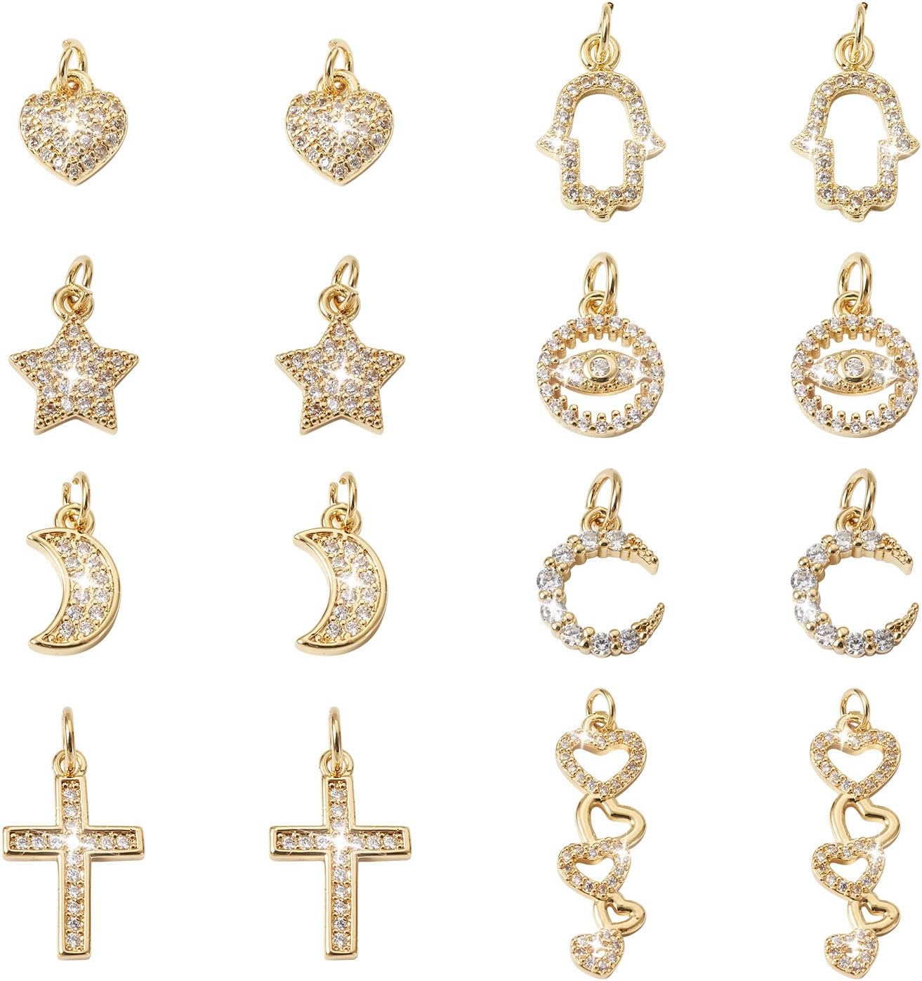Craftdady Golden Cubic Zirconia Pendant Charms: Brass Flower, Butterfly, Heart, Swan, Star, Sun Pendants - CZ Stone, Clear Crystal, Rhinestone Charms for DIY Craft Jewelry Making