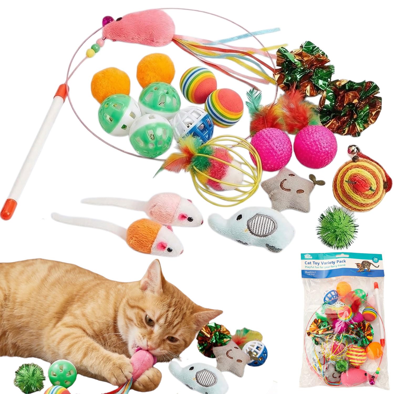 Speedy Panther 20 Piece Cat Toy Variety Pack, Indoor Kitten Toys with Teaser Wand, Plush Mouse, Catnip Ball, Feathers for Interactive Play