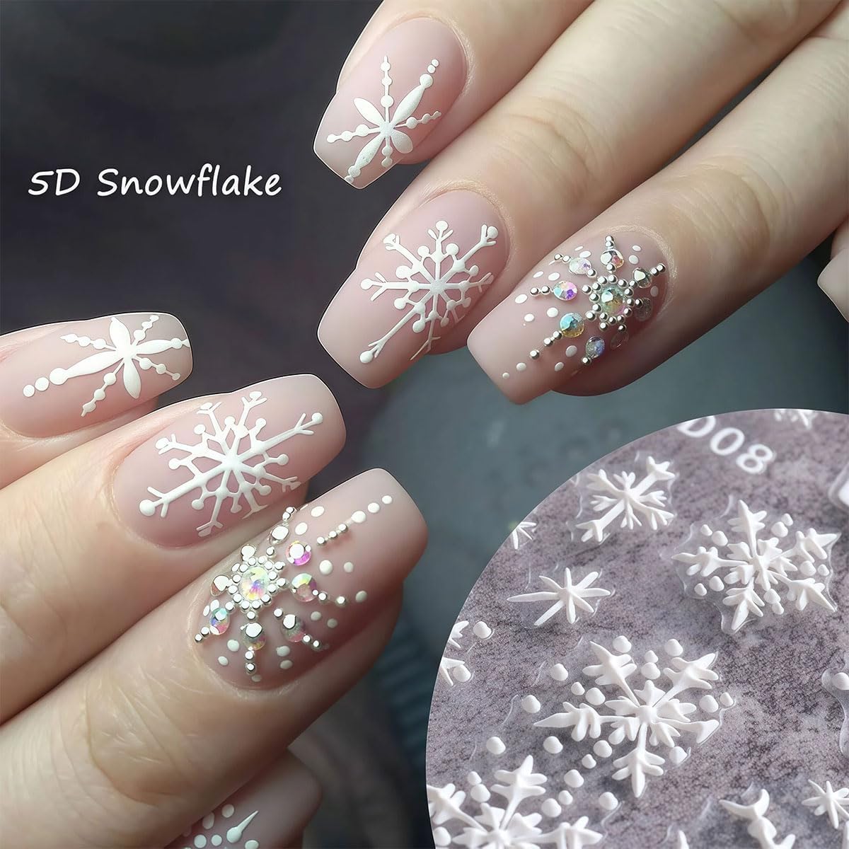 3D Snowflake Nail Stickers, 4 Sheets Winter Nail Art Decals with Christmas Designs for Women Girls, Simple to Use Waterproof Nail Stick