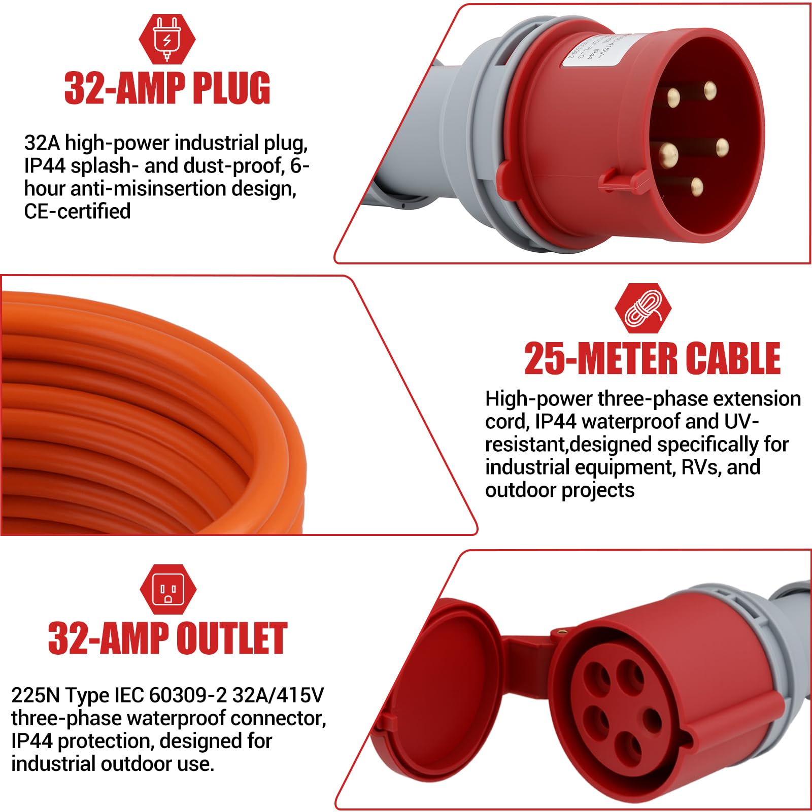 CEE-Verlängerungskabel 32A 25m für Camping – Industrielles Kabel 240V 5G2,5mm², IP44 Außenbereich, Signalfarbe Orange, Made in Germany, für Wohnwagen und Wohnmobil