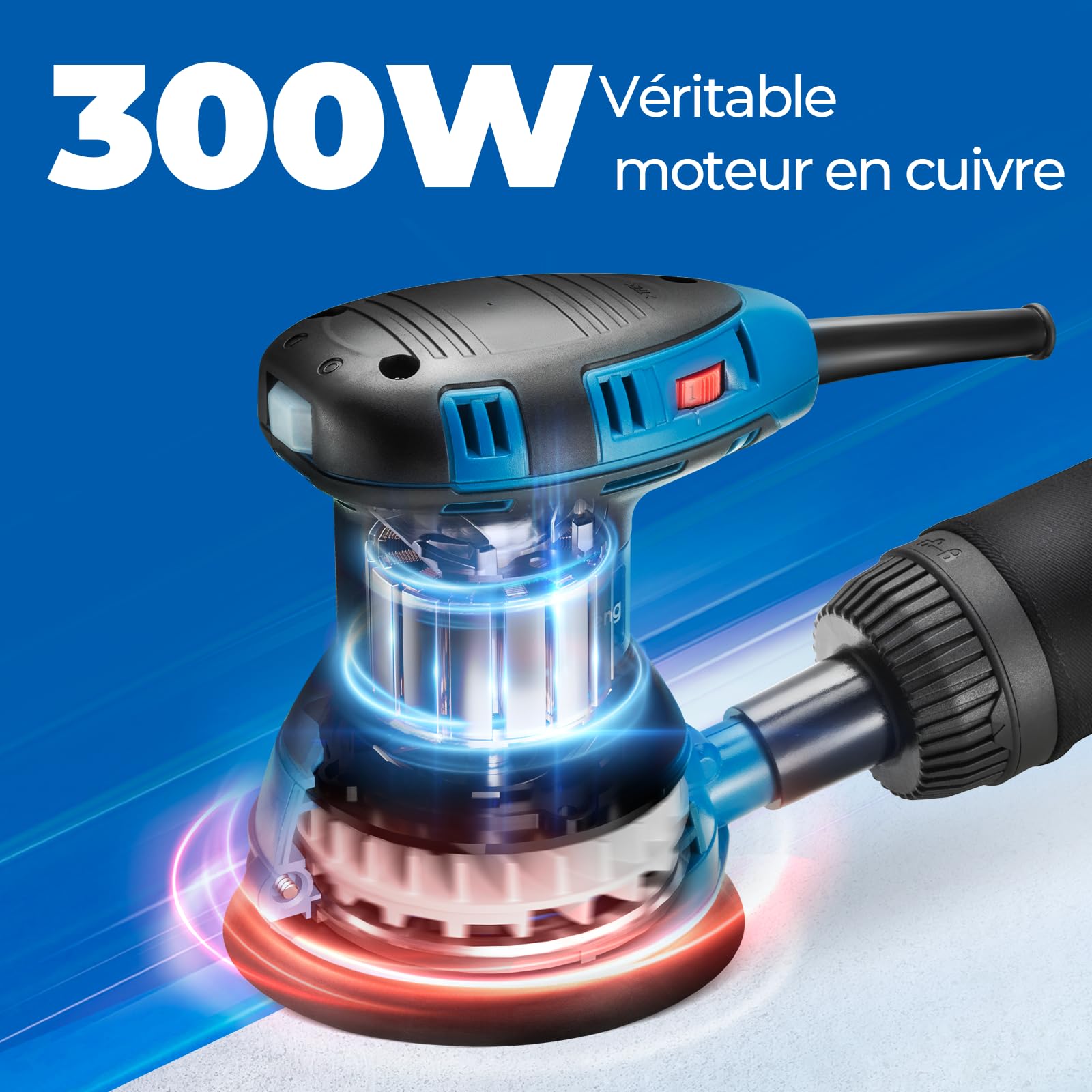 DongCheng Ponceuse excentrique 300 W, 125 mm, 6 vitesses, 4000-12000 tr/min avec dépoussiéreur et 10 types de papier de verre, Ponceuse orbitale aléatoire, idéale pour les travaux de bricolage