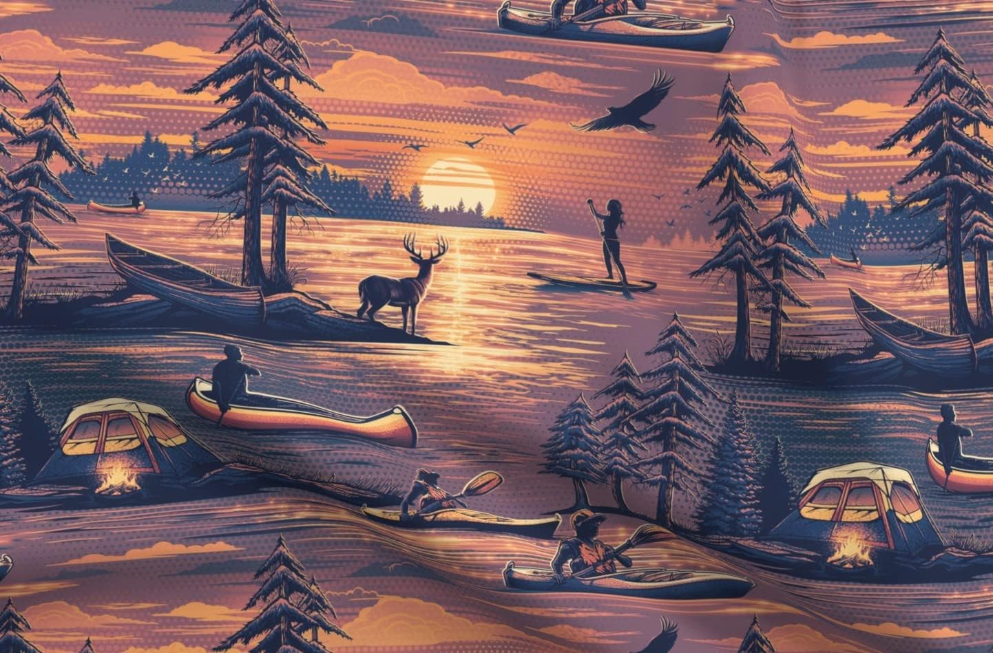 Spoonflower Fabric - Sunset Lake Water Sun Fishing Camping Printed on Minky Fabric by The Yard - Sewing Baby Blankets Quilt Backing Plush
