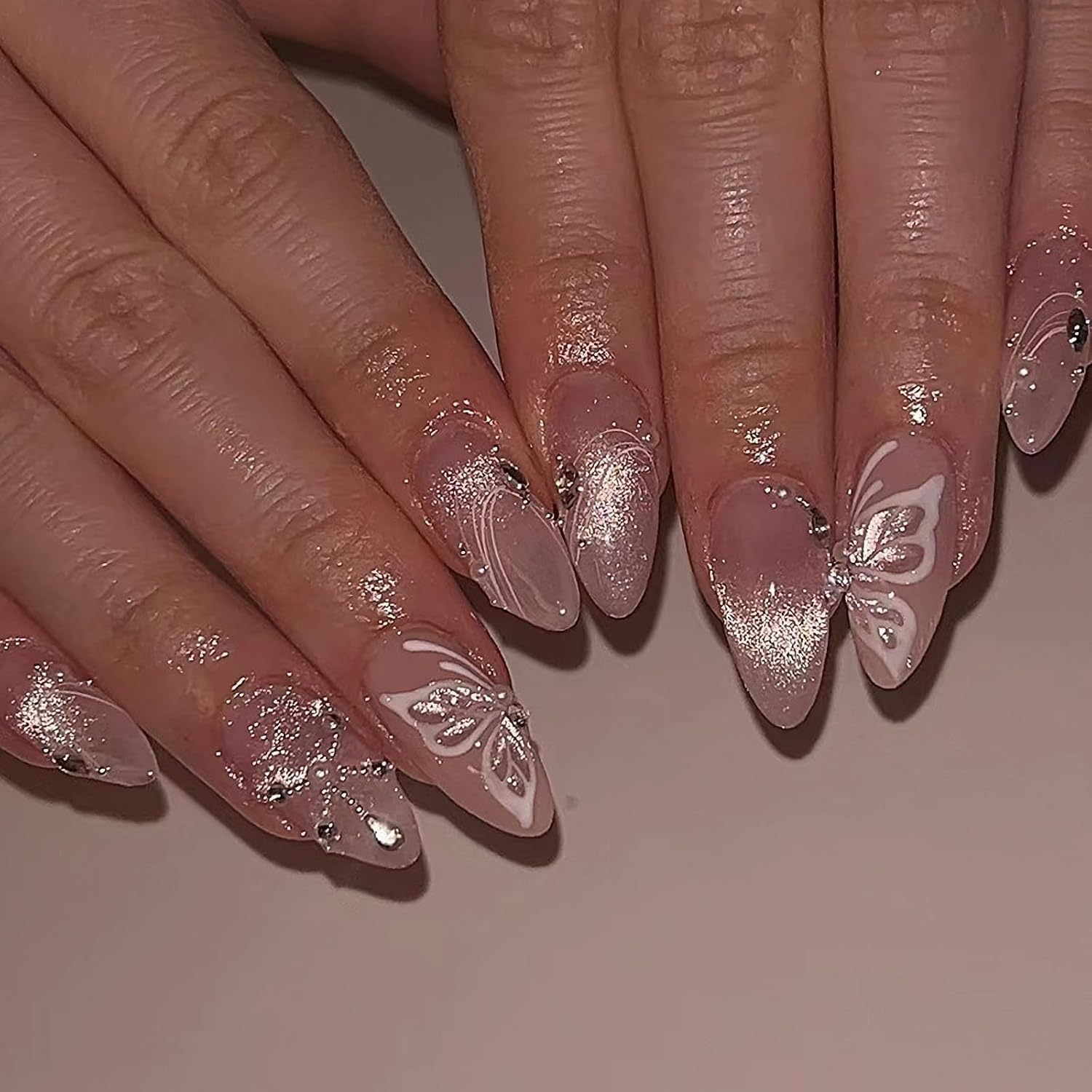MISUD Press on Nails - Medium Almond Fake Nails with Cat Eye Acrylic Butterfly Rhinestone Design 24 pcs