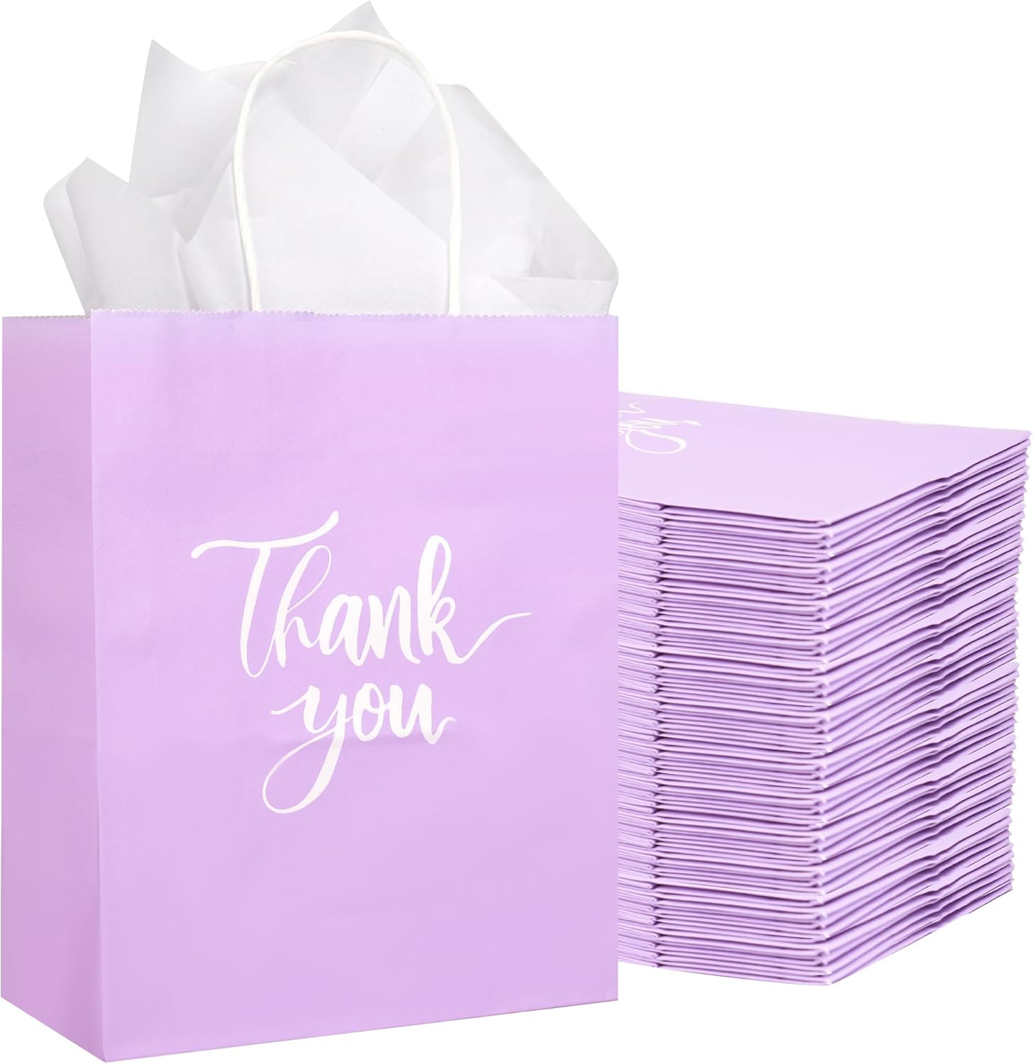 50 Pack Medium Sized Lavender Purple Gift Bags Thank You Paper Bags with Handles 10''x8''x4'' and 50 White Tissue Paper for Business, Wedding Baby Shower Birthday Party Favors, Christmas Gifts - Image 9