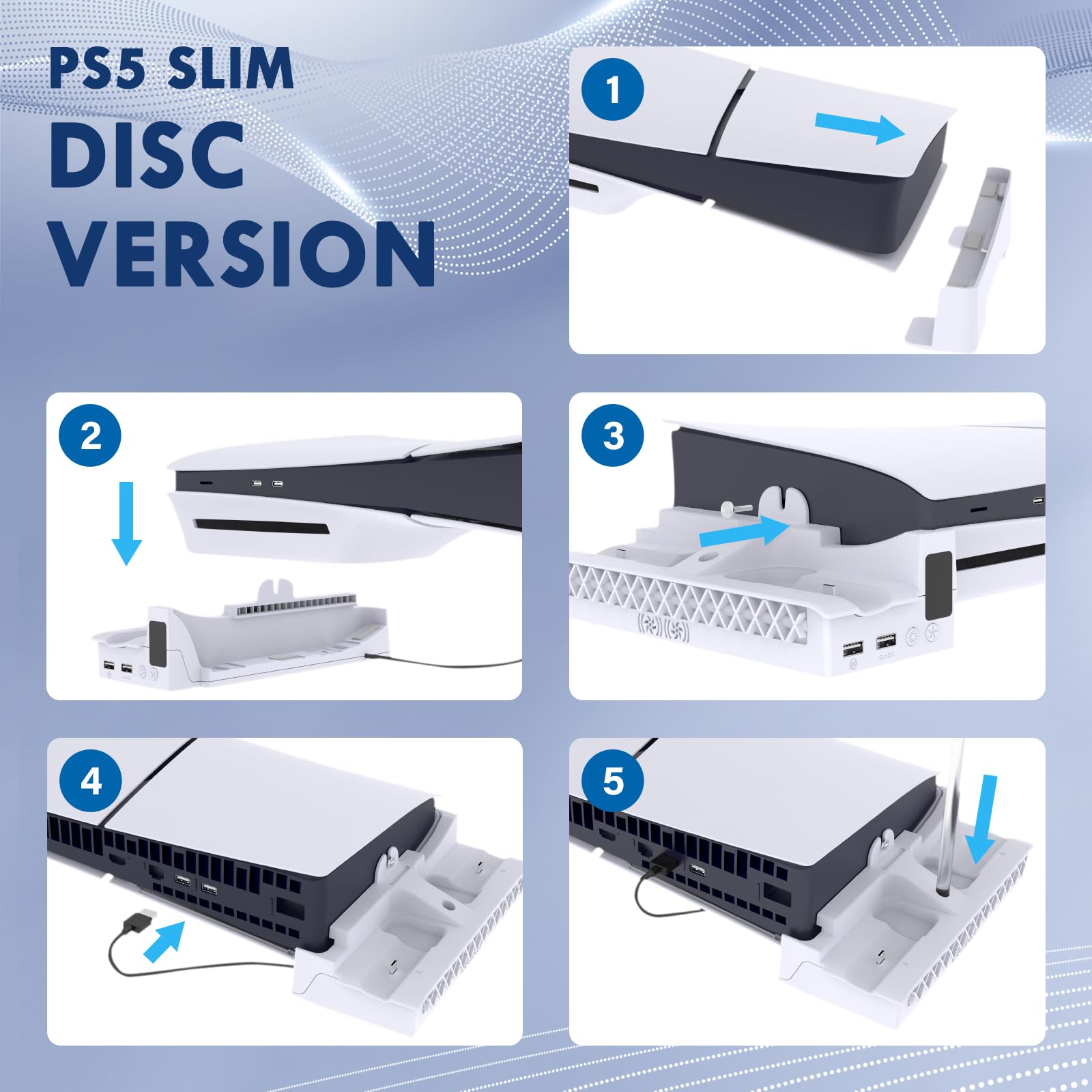 Sehawei Soporte para PS5 Slim/Pro con Ventilador de 2 Velocidades, Cargador para Mando PS5 con Luz LED, Soporte PS5 Horizontal con 2 Puertos USB y Holder Headphone para PS5 Slim (No para P5 2020)