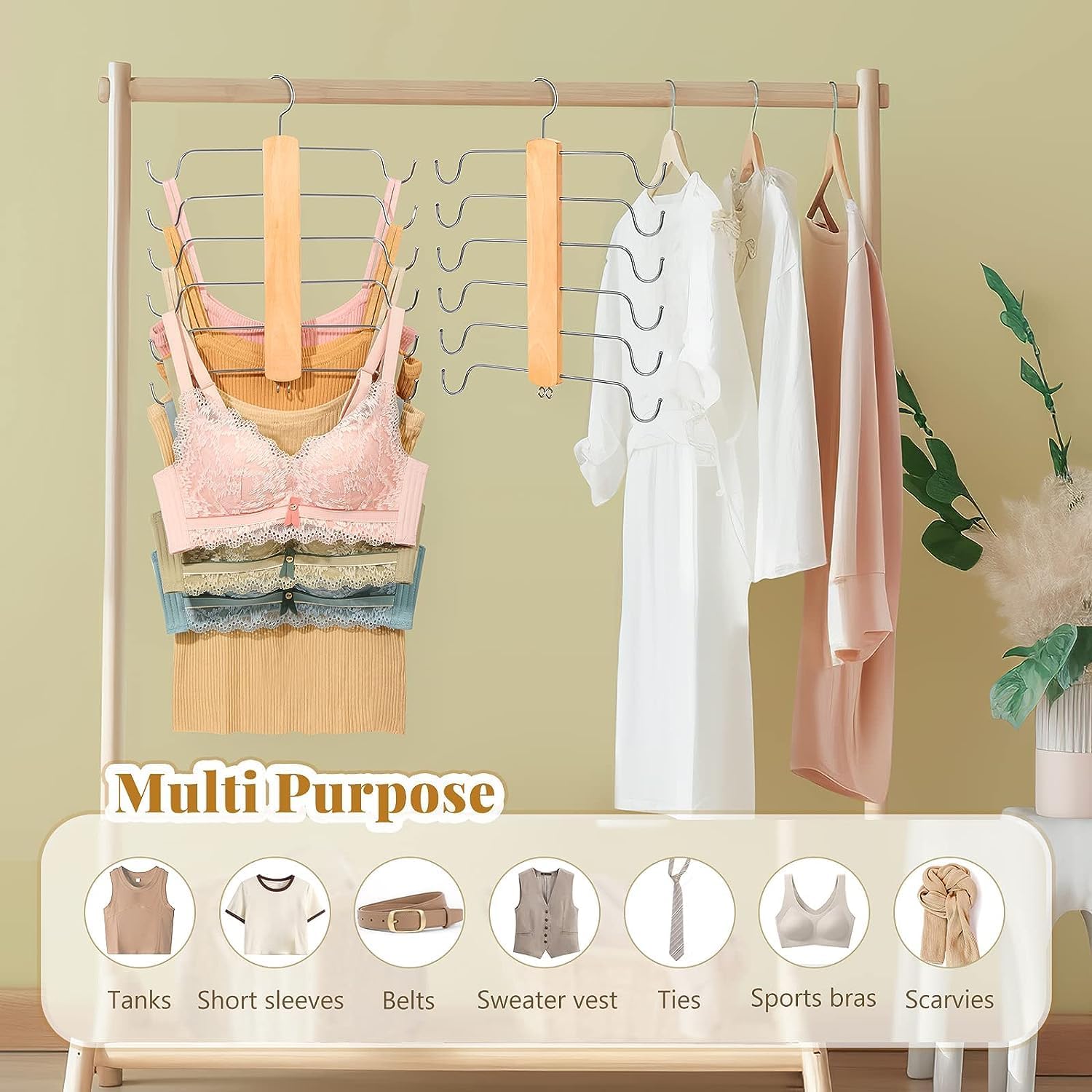 1pc Tank Tops Hangers Space Saving - Bra Hangers Clothes Organizer with 360° Rotating Hooks Heavy Duty 6 Tier Wooden Closet Storage and Organizer for Lingerie Camisole Scarf Belt D0D3025(B1)