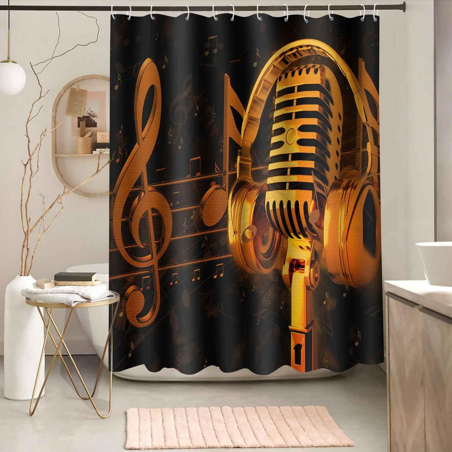 Music Shower Curtain Musical Instrument Gold Microphone and Music Notes Bath Curtain Black Background Art Deco 72x72 Inch Polyester Fabric Bathroom Curtain YLOKNT0036