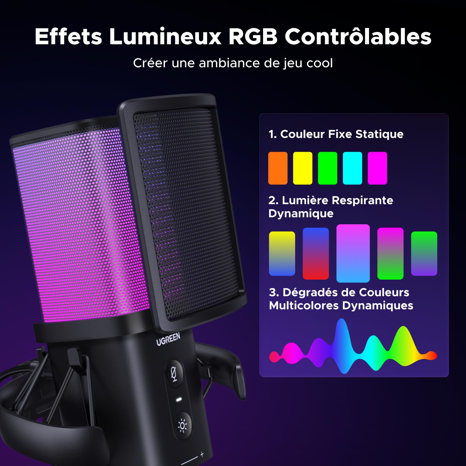 UGREEN Micro Gaming Microphone USB avec RGB 96KHz 24bit Réduction du Bruit DSP pour Enregistrement Gaming Streaming Podcast Compatible avec PS5 4 Laptop