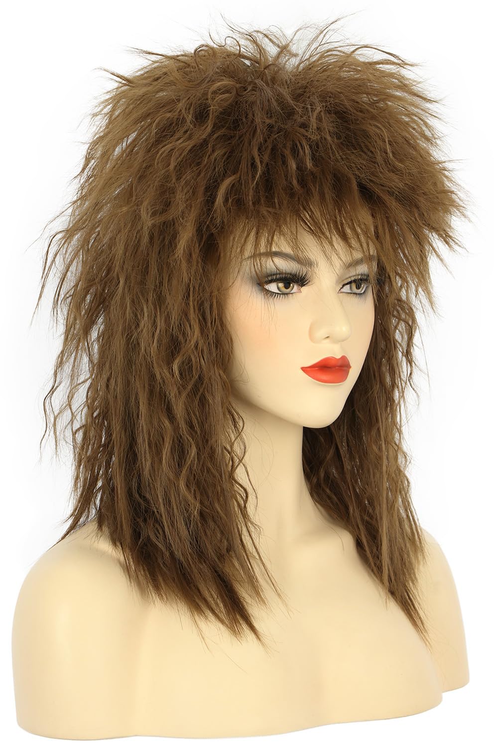karlery Women Men Long Curly Brown Wig 70s 80s Rocker Mullet Costume Halloween Cosplay Party Wig, 24 inches - Image 3